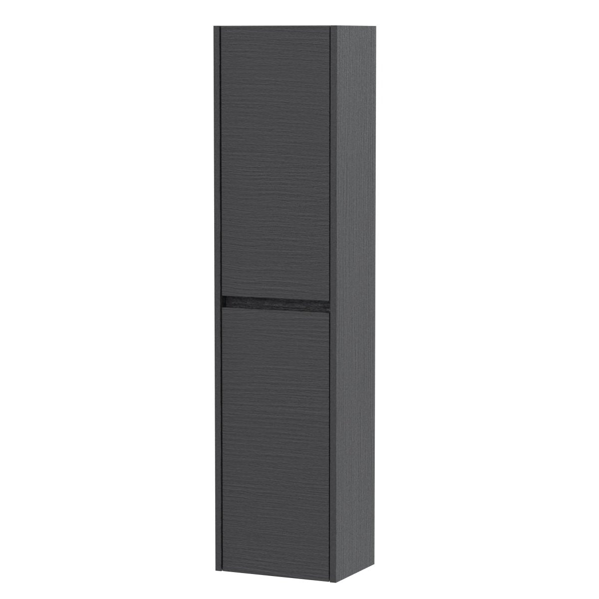 Nuie Havana Tall Wall Hung Unit 2-Door, Soft Close Handless Bathroom Storage Cabinet in Graphite Grey Woodgrain, 1433 x 350 x 255mm