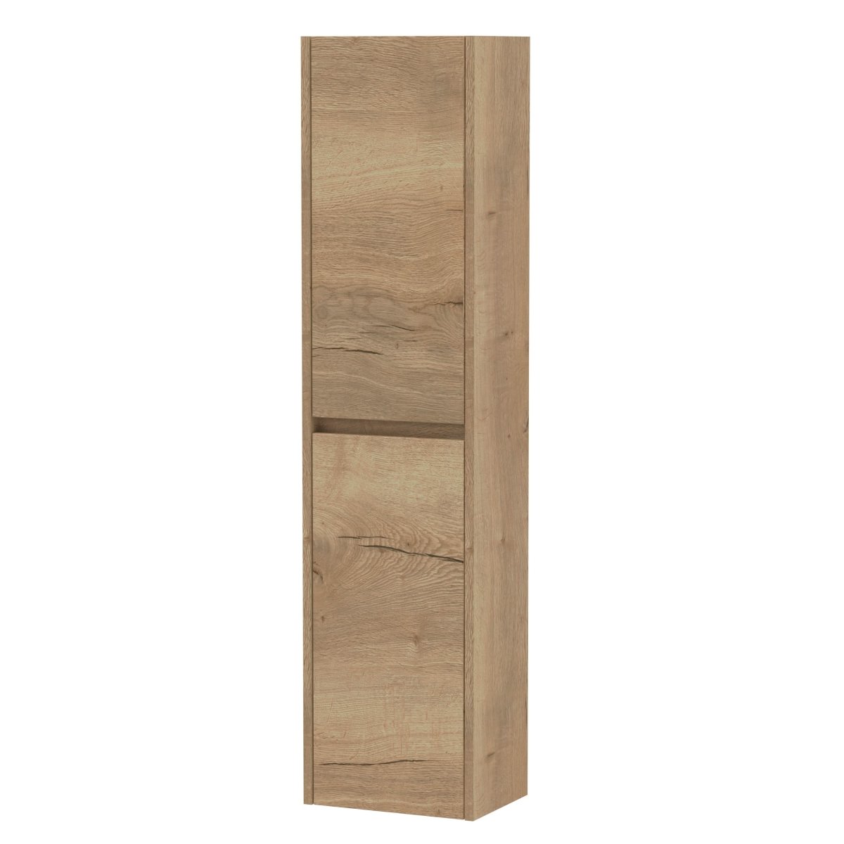 Nuie Havana Tall Wall Hung Unit 2-Door, Soft Close Handless Bathroom Storage Cabinet in Autumn Oak, 1433 x 350 x 255mm