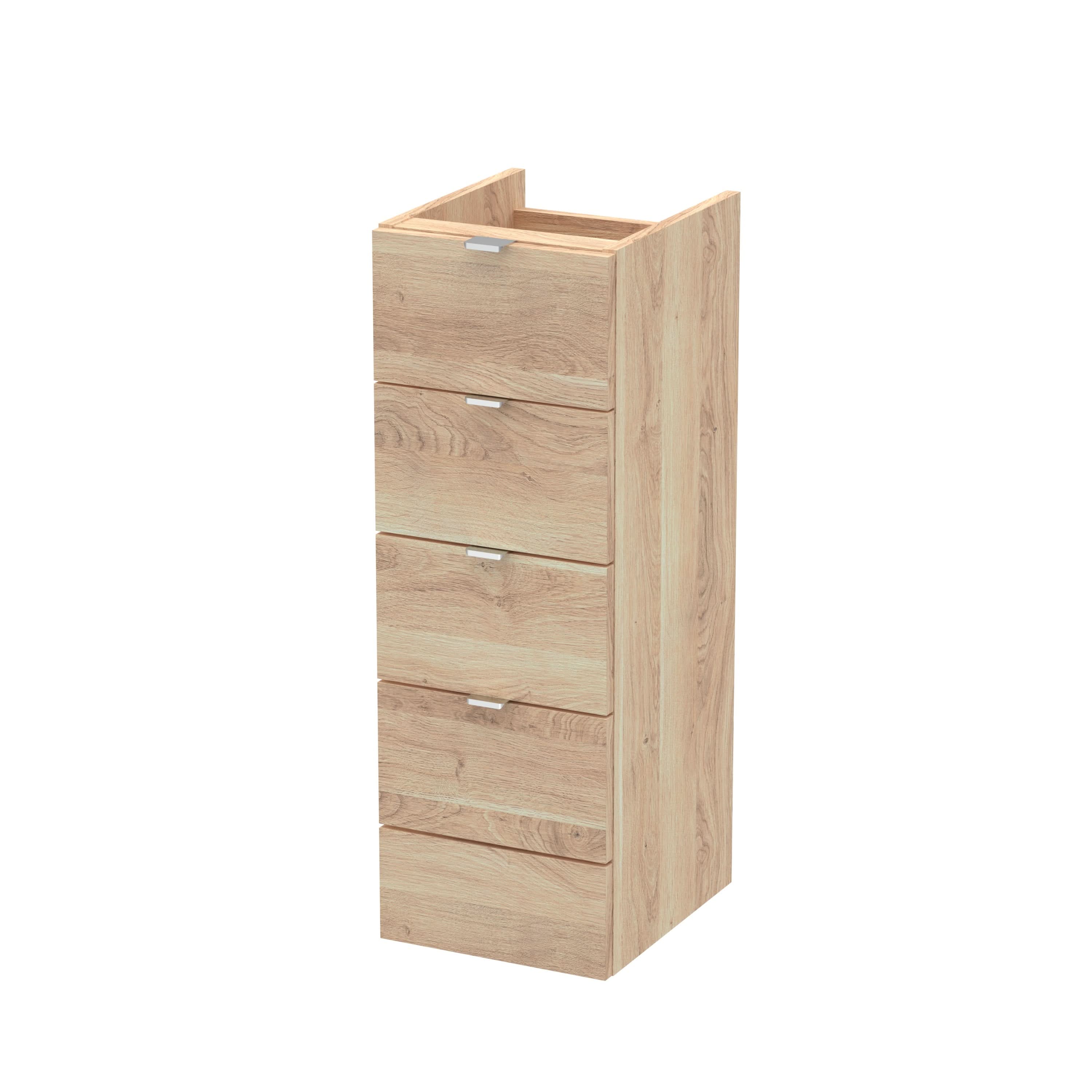 Hudson Reed Fusion Floor Standing 4 Soft Close Drawer Lined Vanity Unit, Compact Bathroom Storage Cabinet in Bleached Oak, 300mm