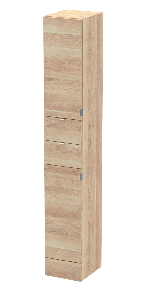 Hudson Reed Fusion Floor Standing Tall Unit 2 Door 2 Drawer, Contemporary Design Bathroom Storage Cabinet in Bleached Oak, 300mm