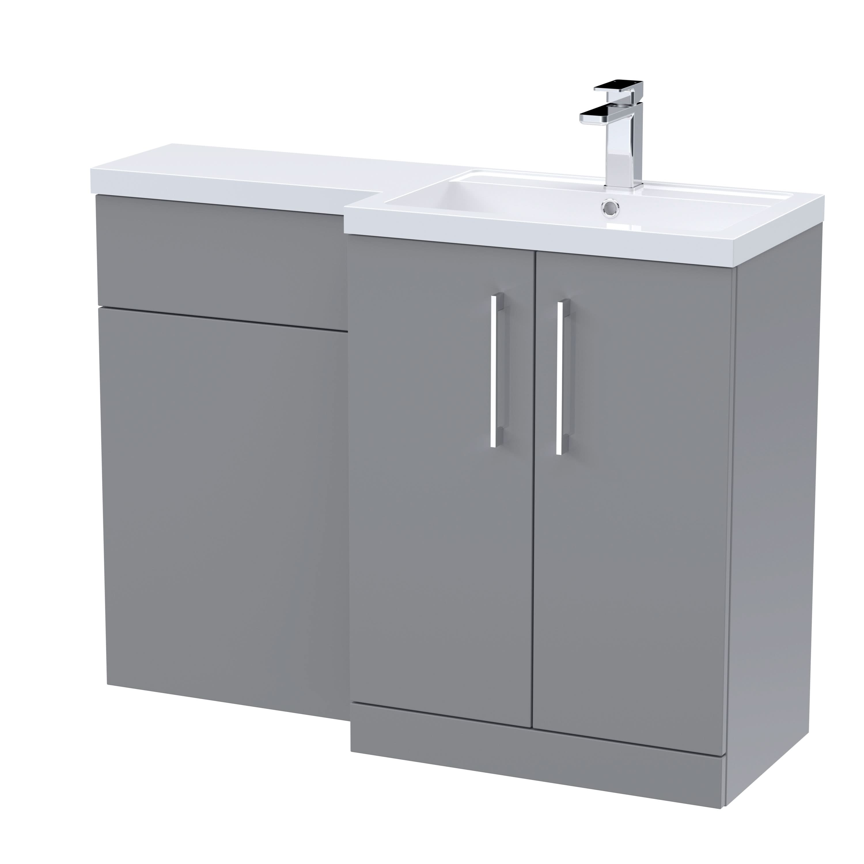 Nuie Arno Right Hand Combination, Polymarble Basin Pre-drilled with 1 Tap Hole, Bathroom Storage Unit in Satin Grey, 1100mm