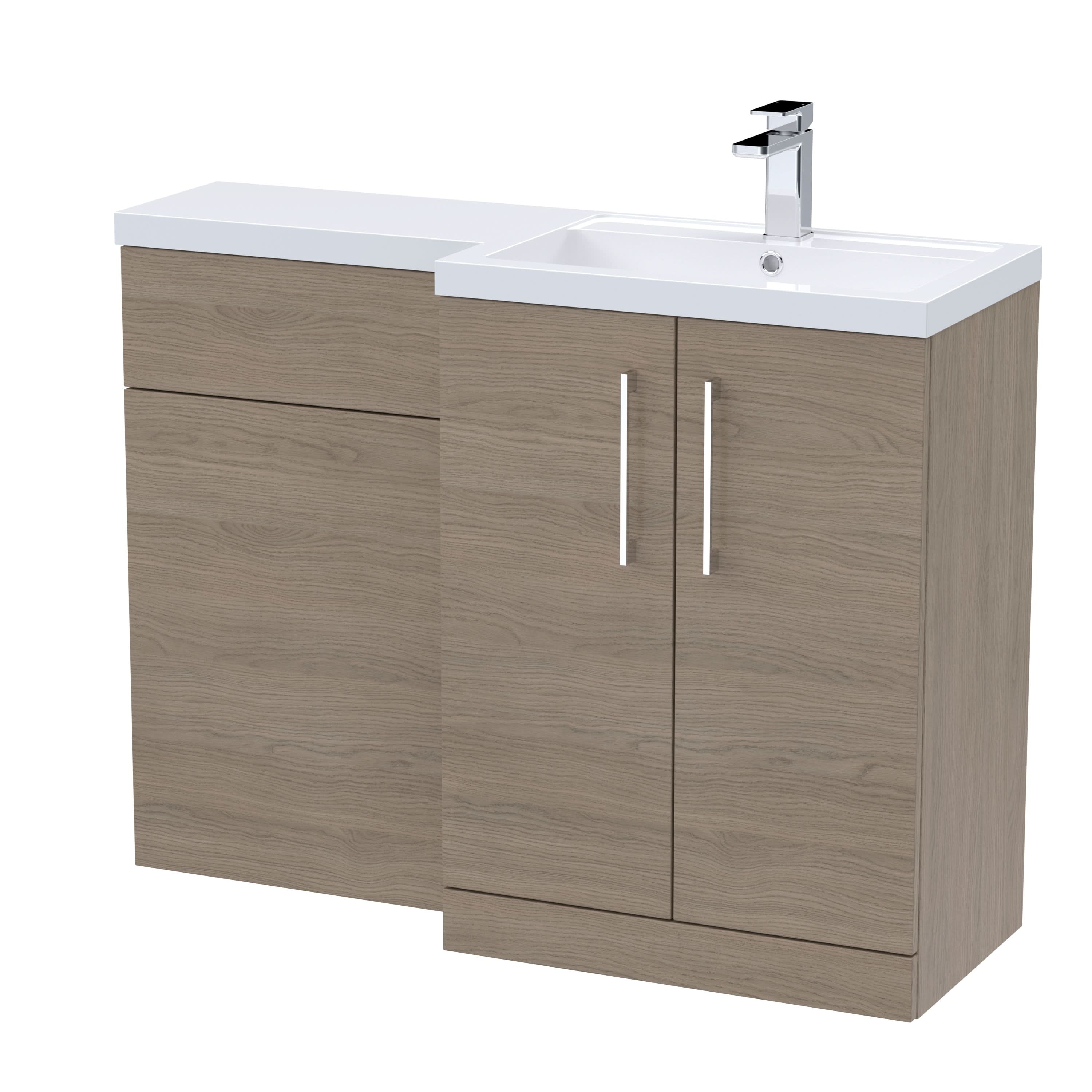 Nuie Arno Right Hand Combination, Polymarble Basin Pre-drilled with 1 Tap Hole, Bathroom Storage Unit in Solace Oak, 1100mm
