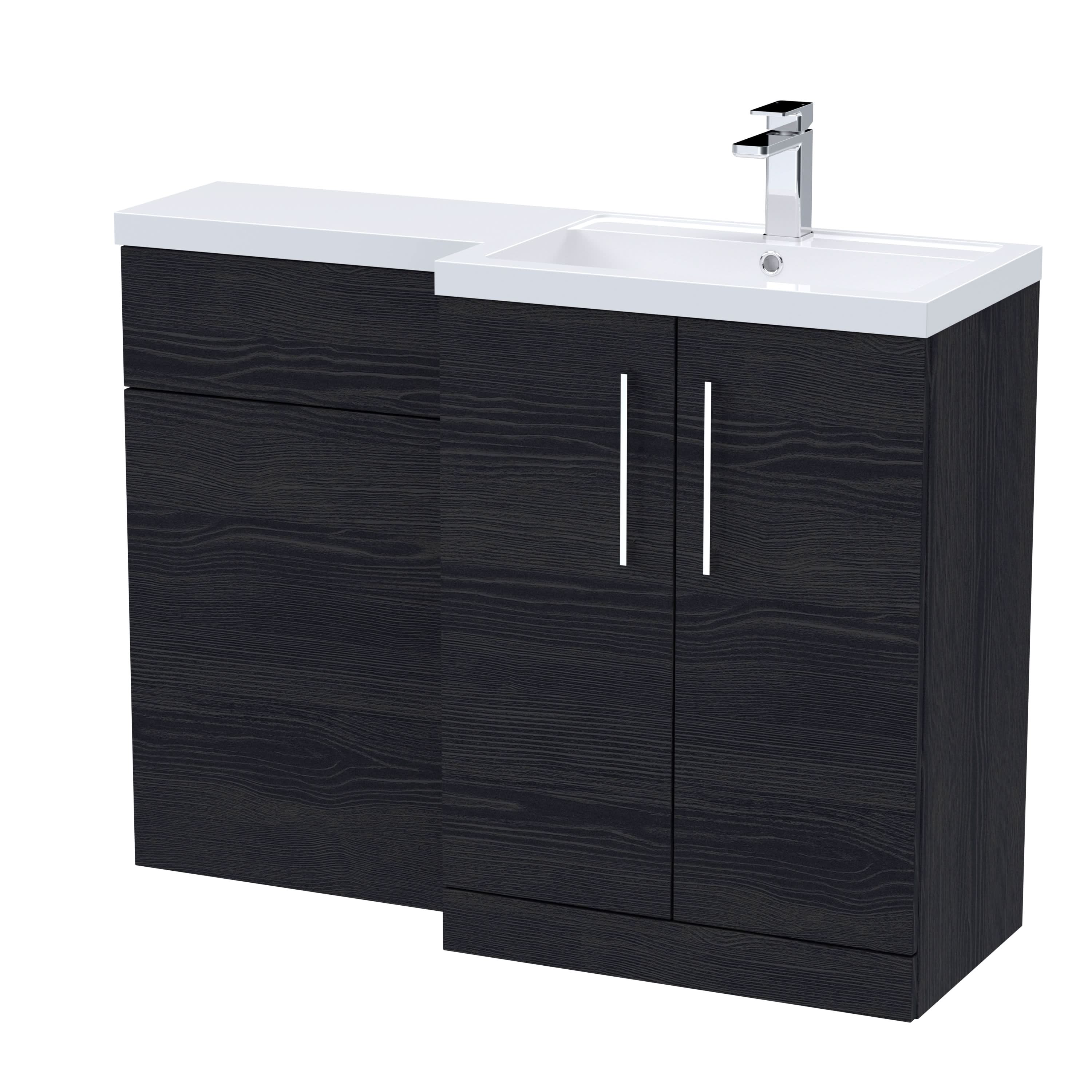Nuie 1100mm Right Hand Combination, Polymarble Basin Pre-drilled with 1 Tap Hole, Bathroom Storage Unit, Charcoal Black Woodgrain