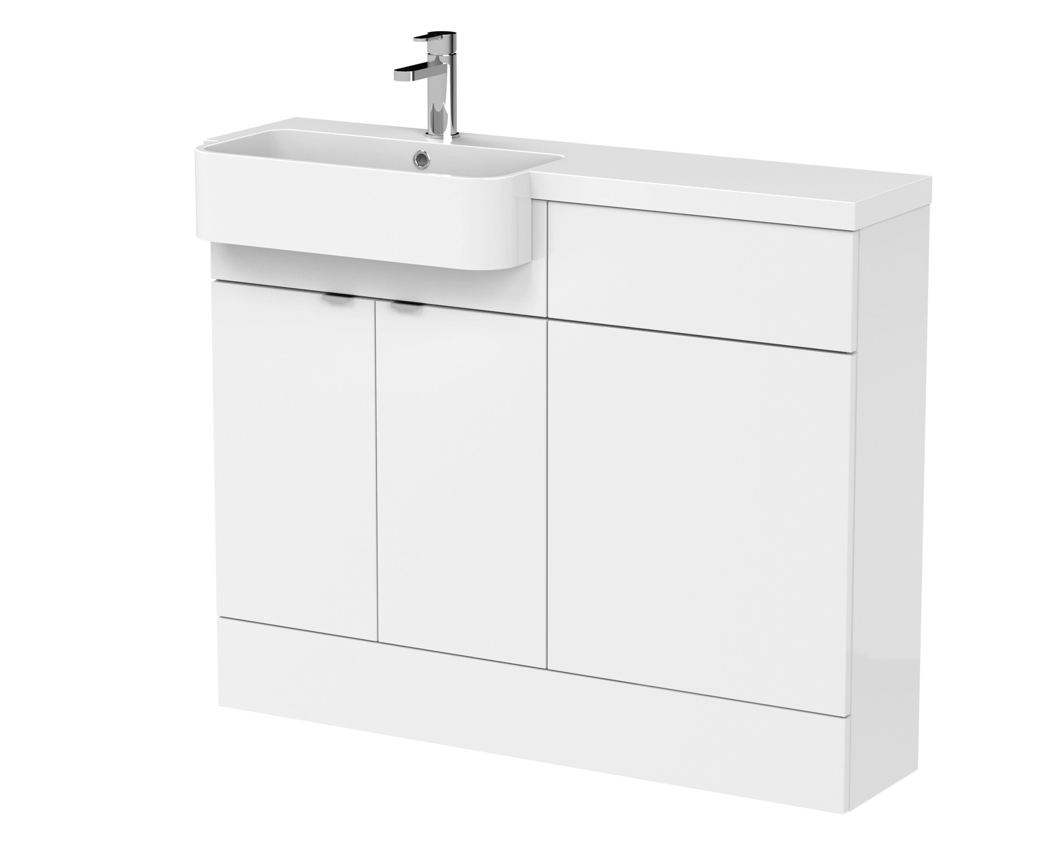 Hudson Reed Fusion Floor Standing 2 Door Vanity Unit & WC with Left Hand Semi Recessed Basin Combination, Sink Vanity Unit, Gloss White, 1100mm