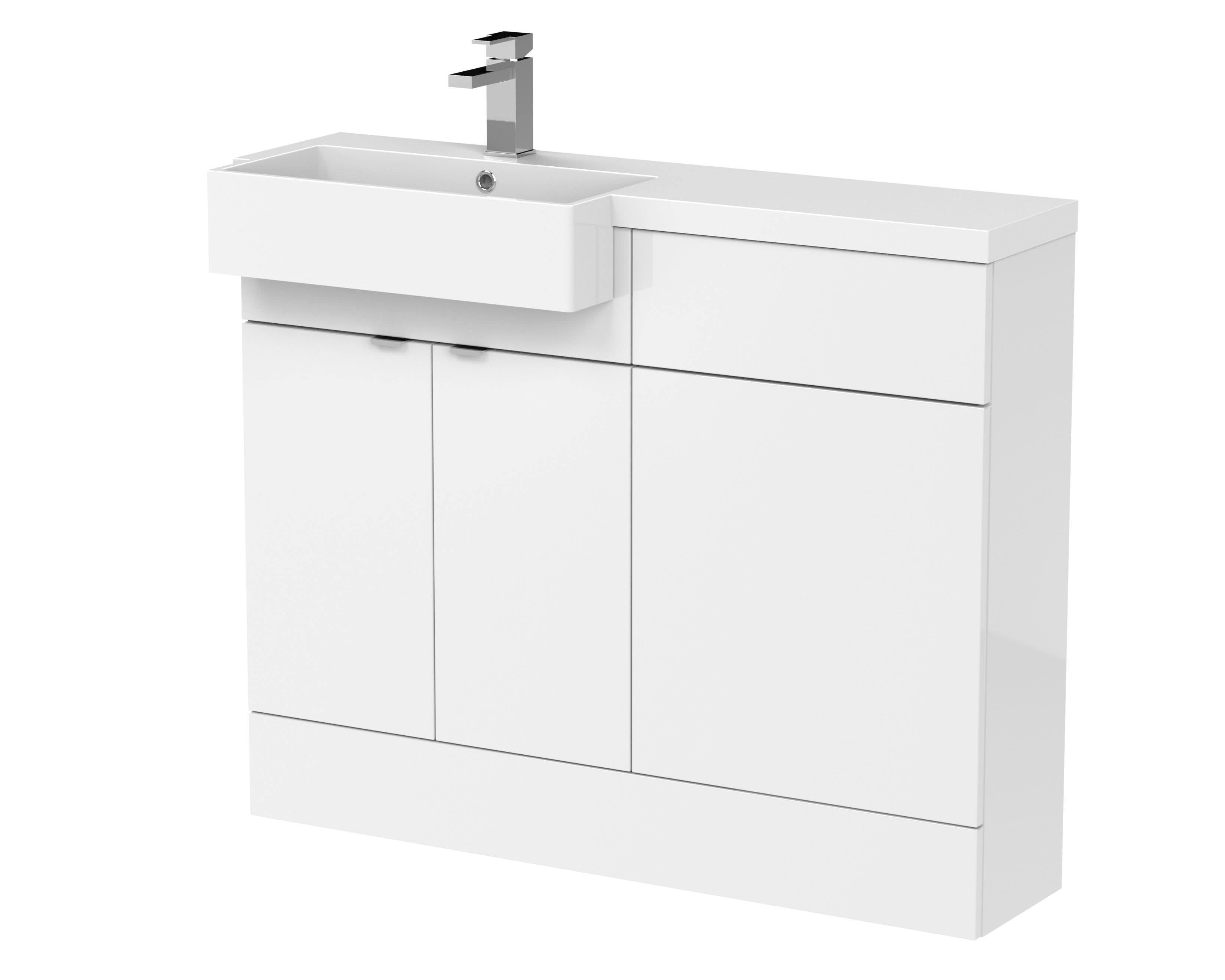 Hudson Reed Fusion Floor Standing 2 Door Vanity Unit & WC with Left Hand Semi Recessed Basin Combination, Sink Vanity Unit, Gloss White, 1100mm
