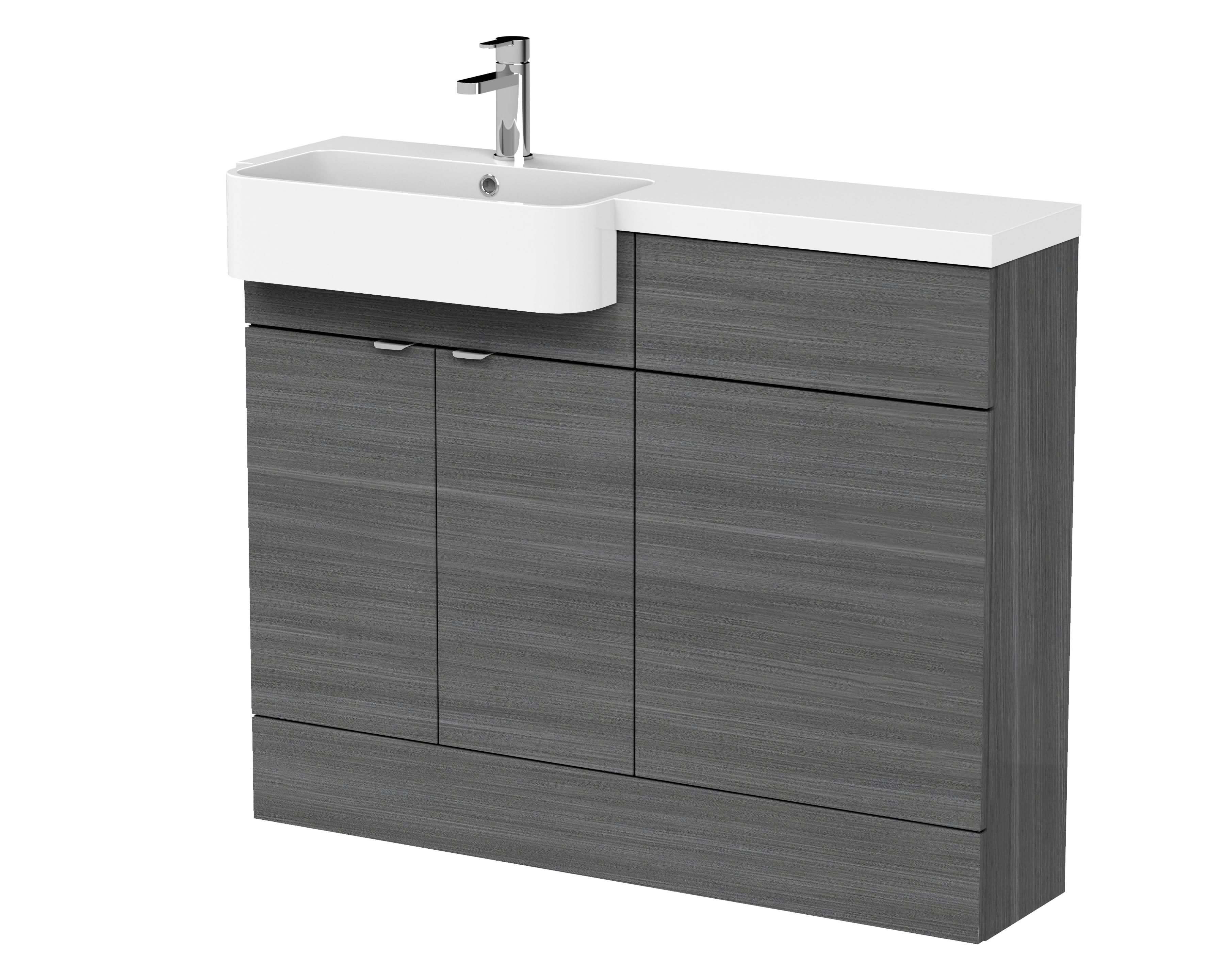 Hudson Reed Fusion Floor Standing 2 Door Vanity Unit & WC with Left Hand Semi Recessed Basin Combination, Sink Vanity Unit, Anthracite Woodgrain, 1100mm