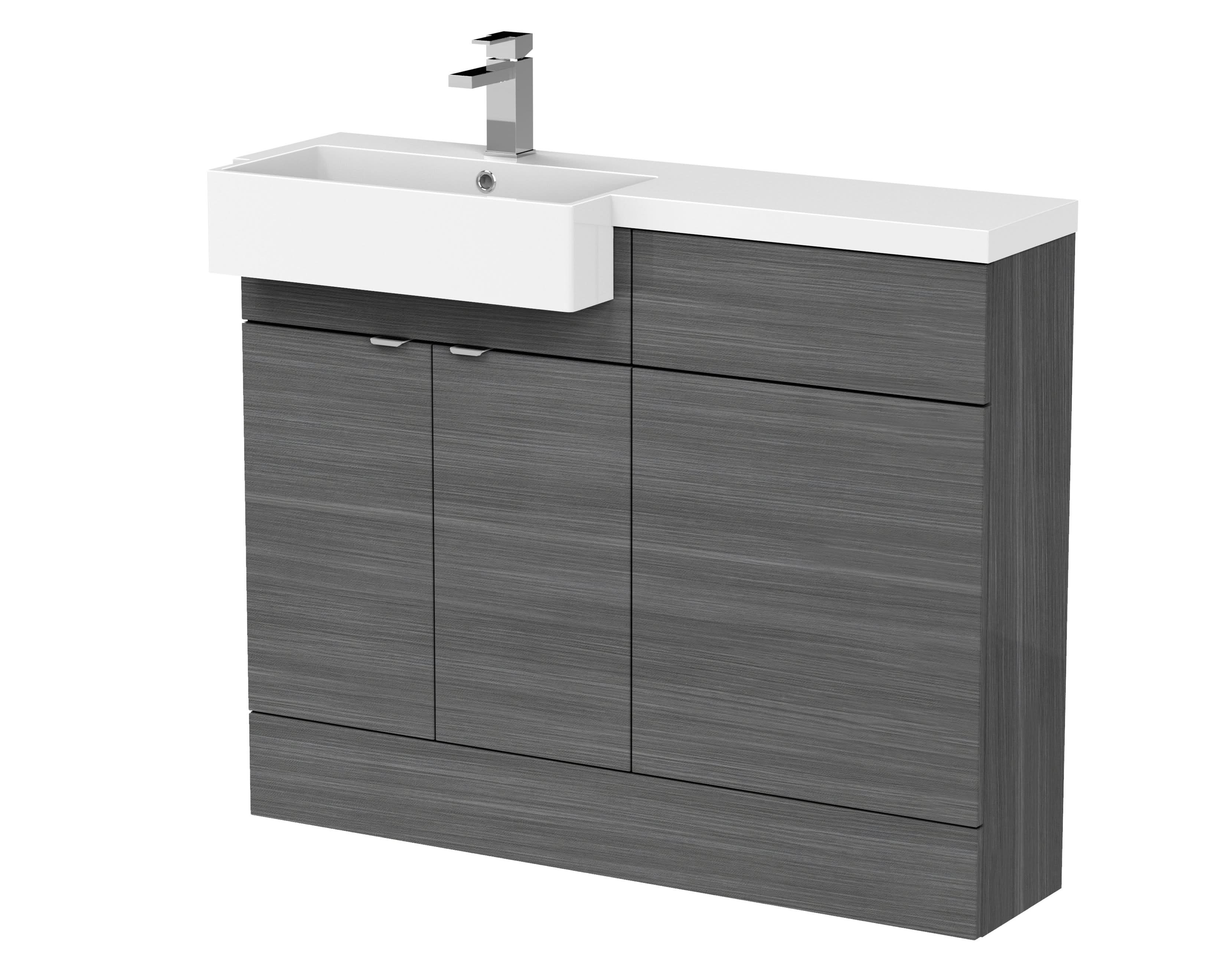 Hudson Reed Fusion Floor Standing 2 Door Vanity Unit & WC with Left Hand Semi Recessed Basin Combination, Sink Vanity Unit, Anthracite Woodgrain, 1100mm