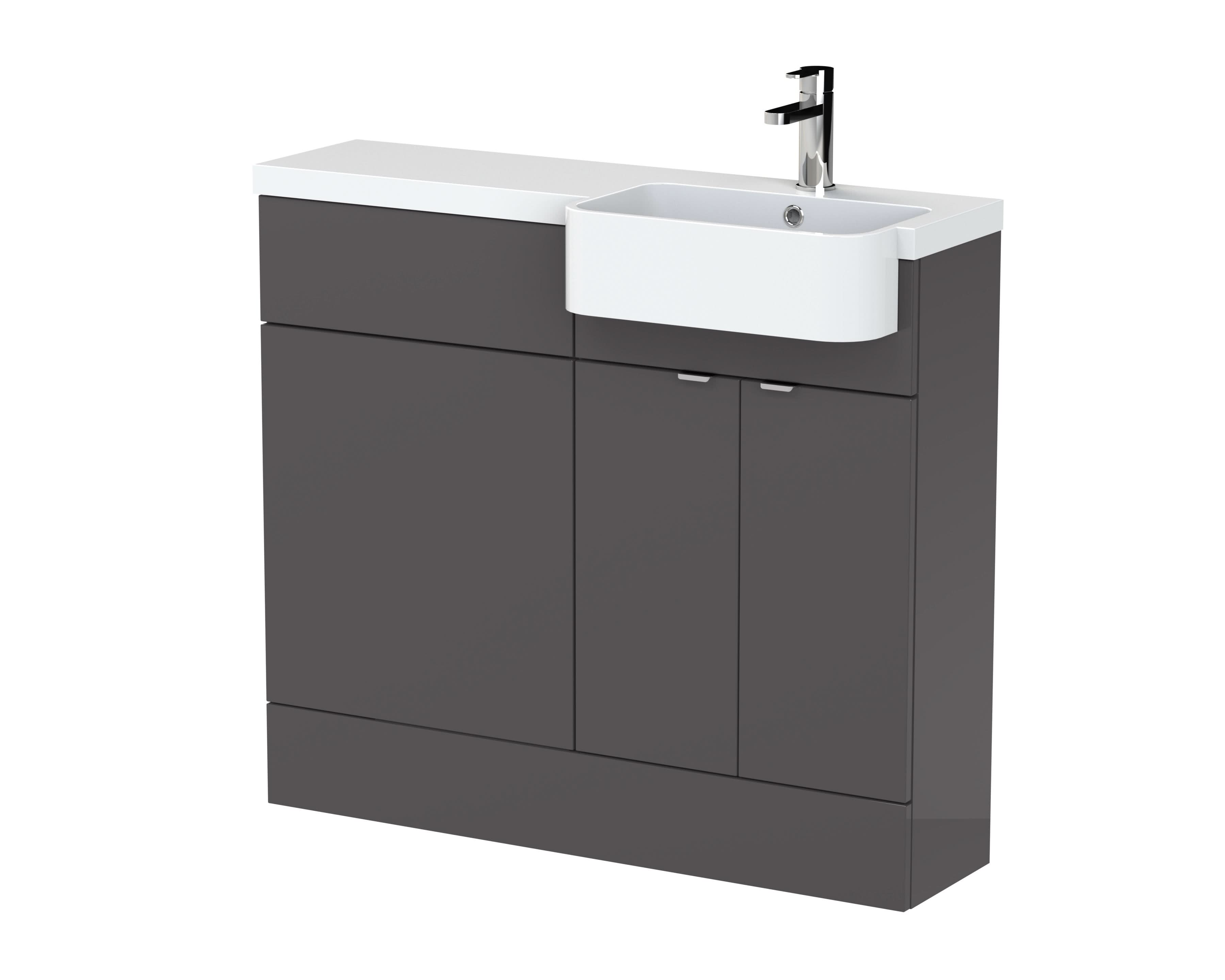 Hudson Reed Fusion Floor Standing 2 Door Vanity Unit & WC with Right Hand Semi Recessed Basin Combination, Sink Vanity Unit, Gloss Grey, 1000mm