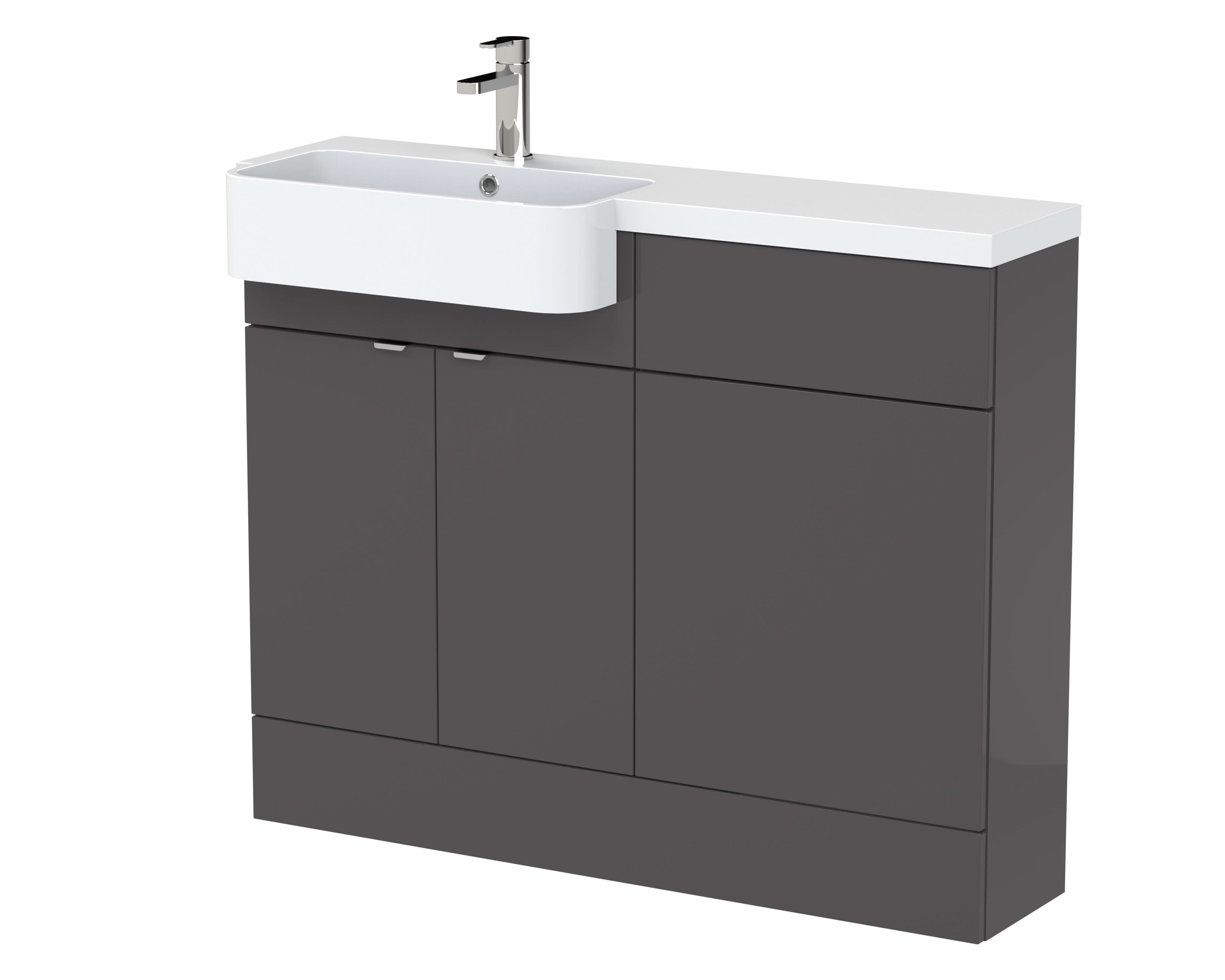Hudson Reed Fusion Floor Standing 2 Door Vanity Unit & WC with Left Hand Semi Recessed Basin Combination, Sink Vanity Unit, Gloss Grey, 1100mm