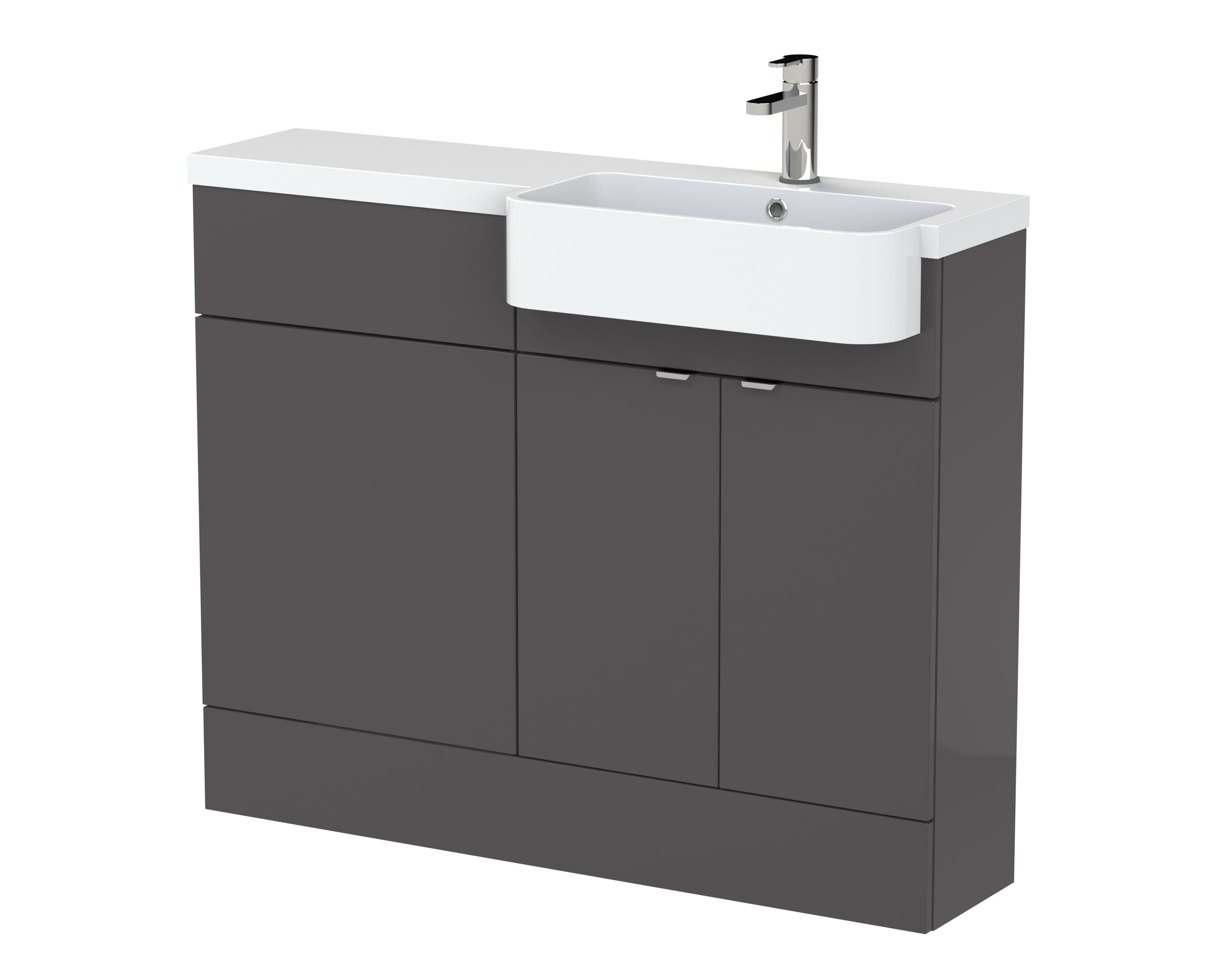 Hudson Reed Fusion Floor Standing 2 Door Vanity Unit & WC with Right Hand Semi Recessed Basin Combination, Sink Vanity Unit, Gloss Grey, 1100mm