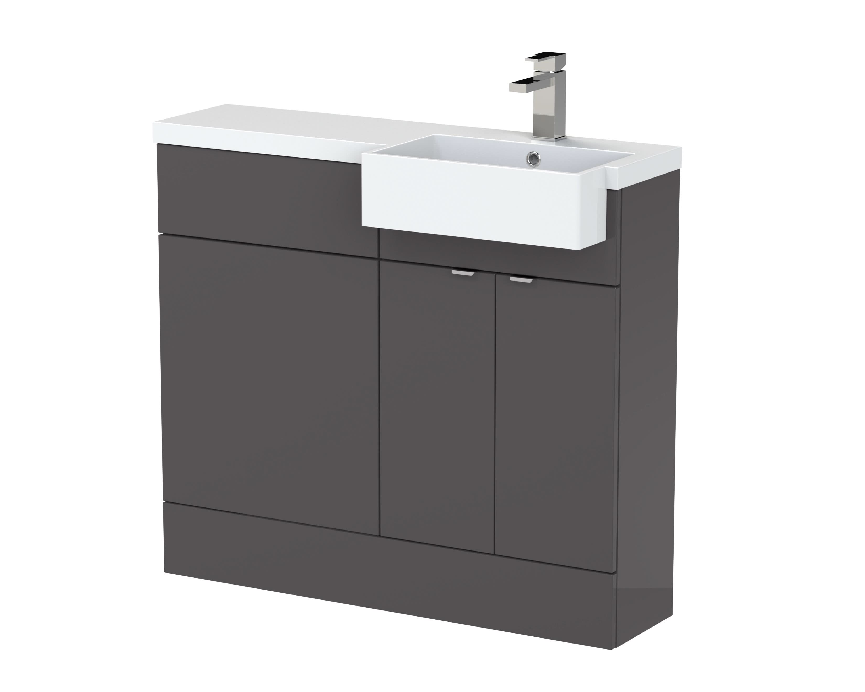 Hudson Reed Fusion Floor Standing 2 Door Vanity Unit & WC with Right Hand Semi Recessed Basin Combination, Sink Vanity Unit, Gloss Grey, 1000mm