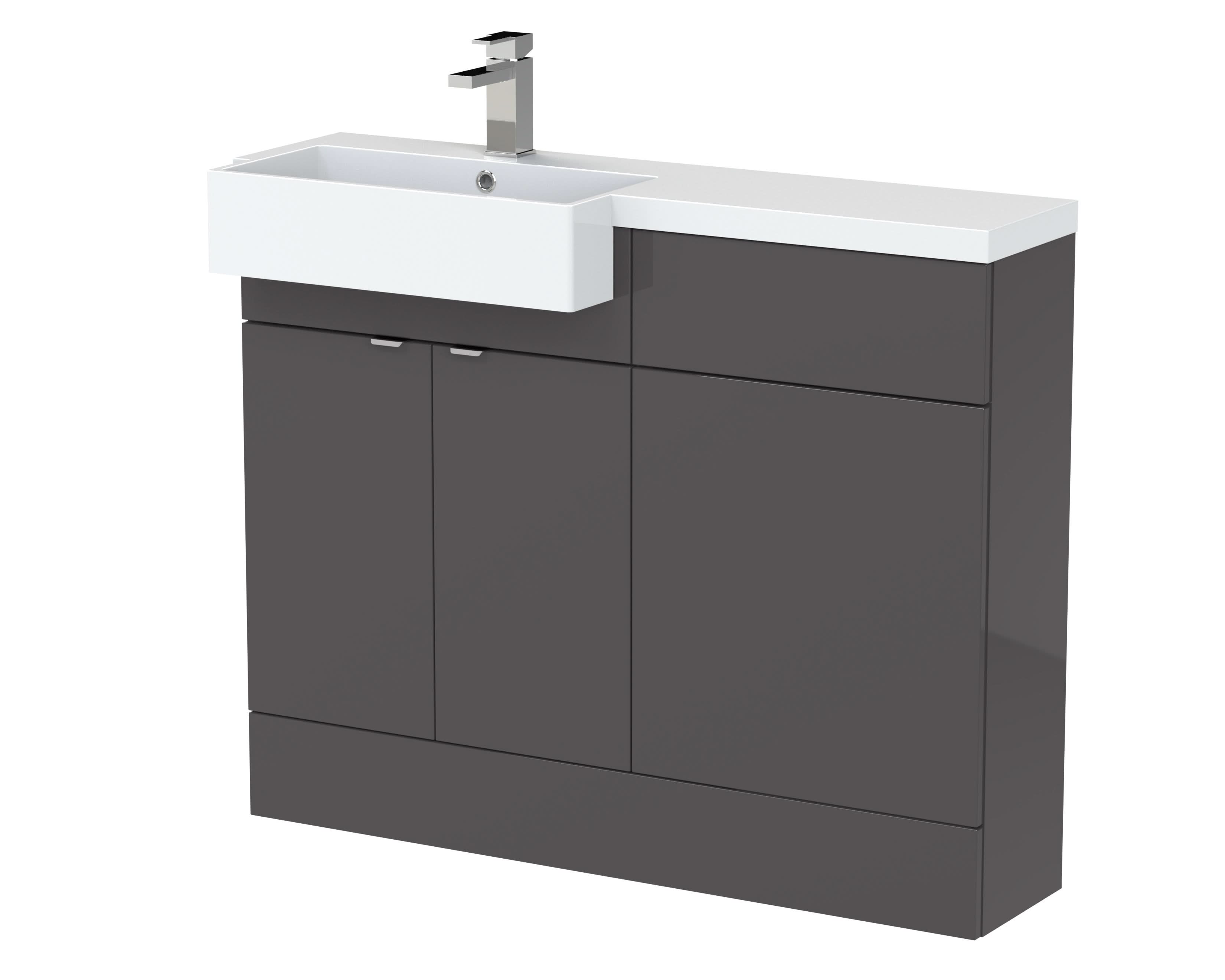 Hudson Reed Fusion Floor Standing 2 Door Vanity Unit & WC with Left Hand Semi Recessed Basin Combination, Sink Vanity Unit, Gloss Grey, 1100mm