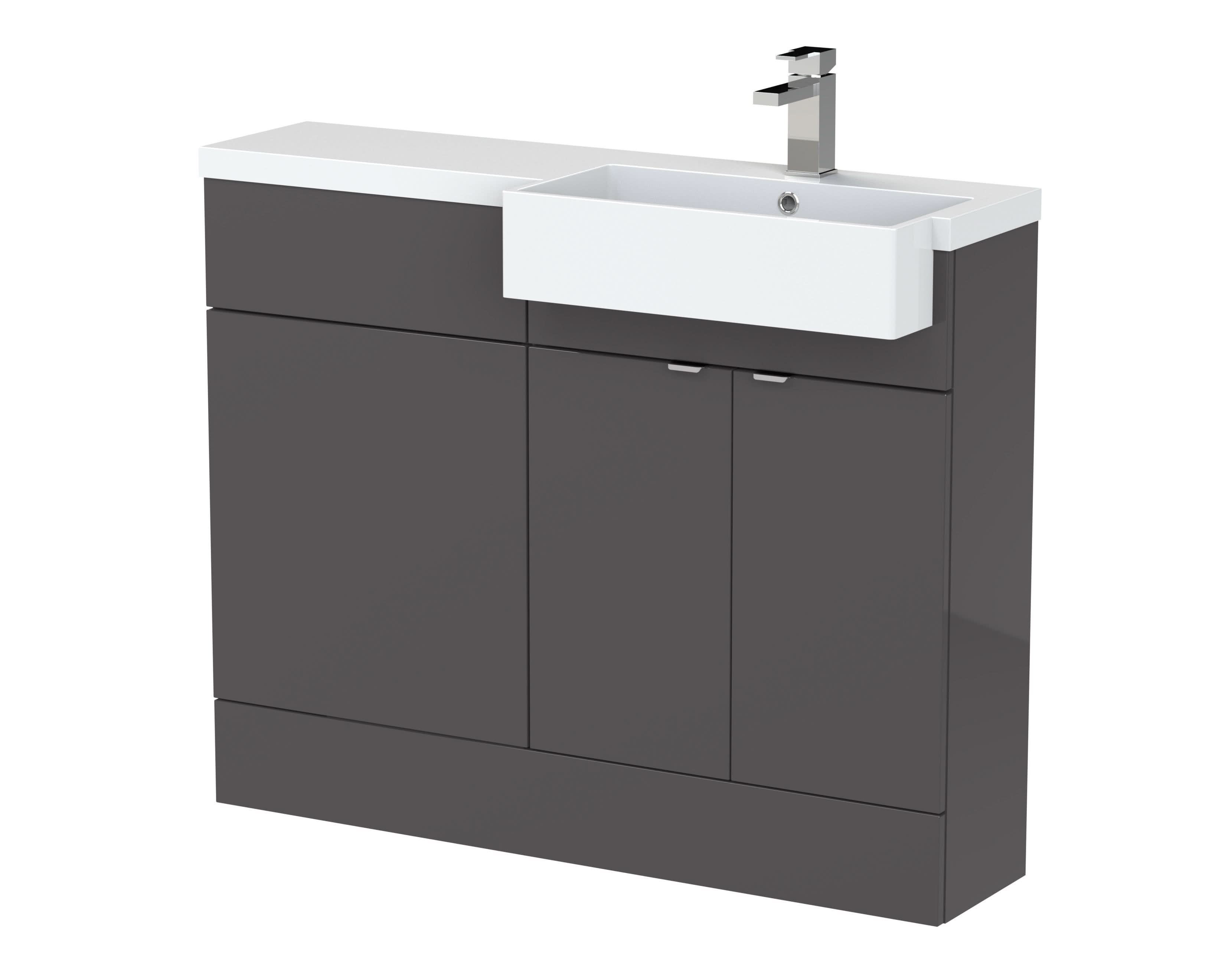 Hudson Reed Fusion Floor Standing 2 Door Vanity Unit & WC with Right Hand Semi Recessed Basin Combination, Sink Vanity Unit, Gloss Grey, 1100mm