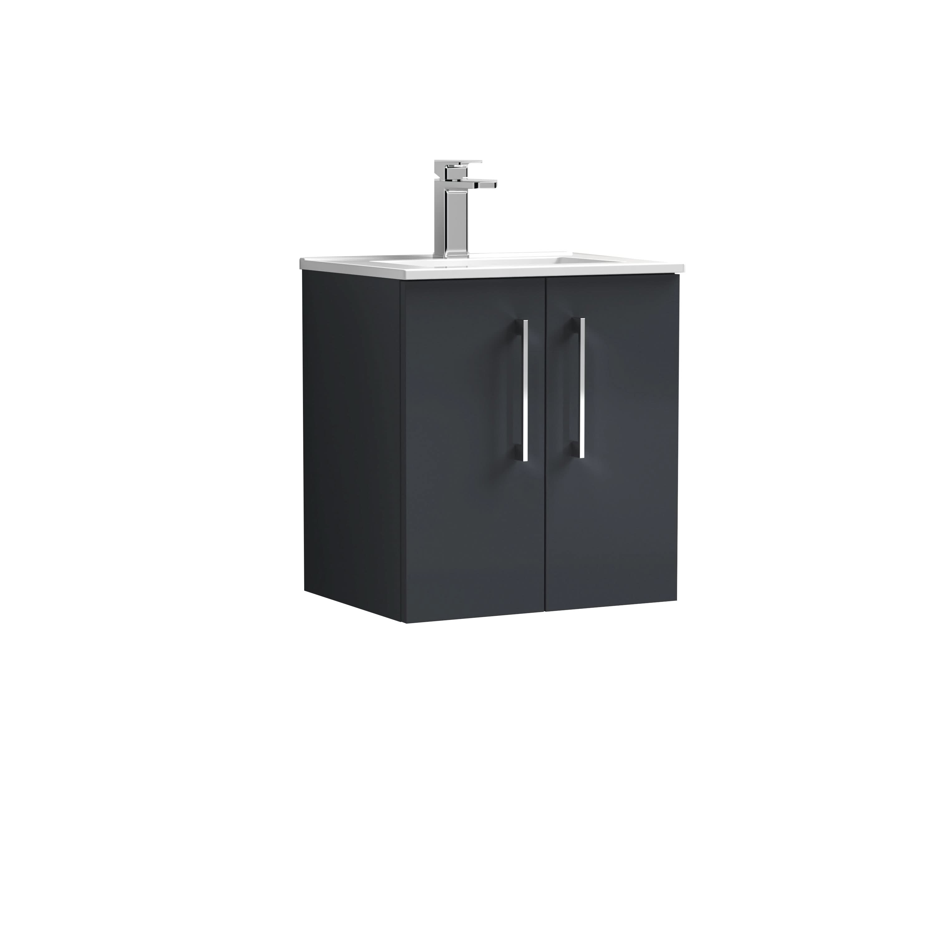 Nuie Arno Wall Hung 2 Door Vanity & Minimalist Ceramic Basin, Compact and Stylish Wall Hung Vanity Unit Basin, Soft Black, 500mm