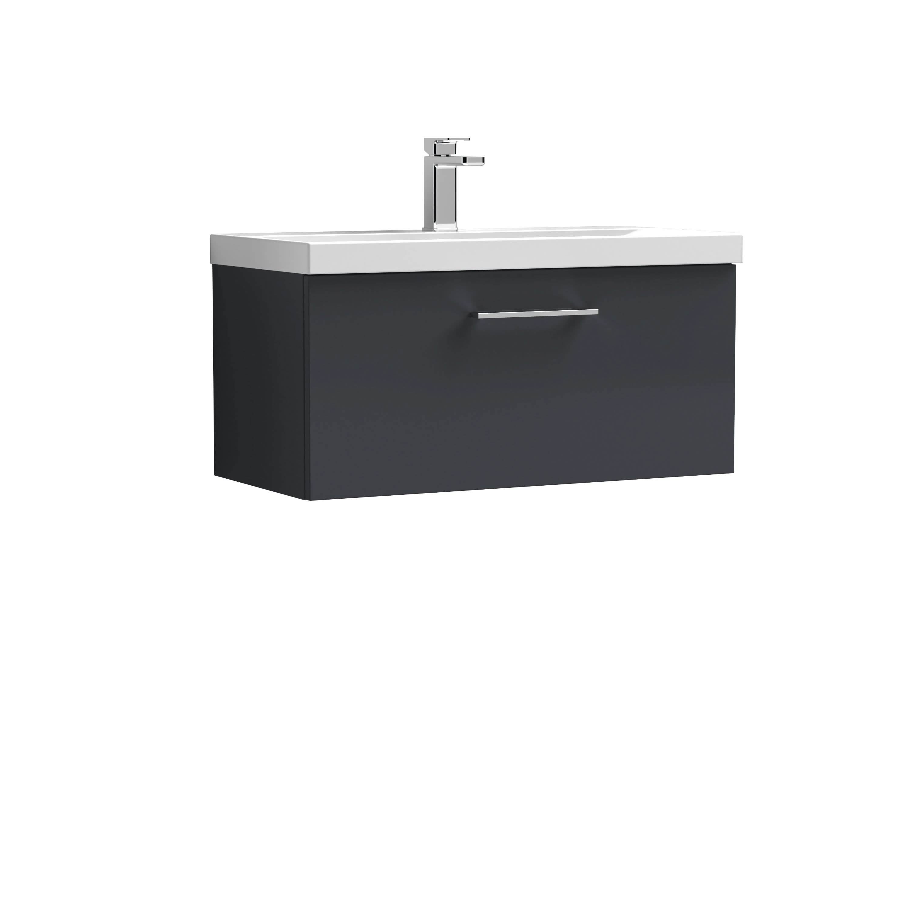 Nuie Arno Wall Hung 1 Drawer Vanity Unit & Thin-Edge Ceramic Basin, Contemporary Wall Hung Vanity Unit and Basin, Soft Black, 800mm