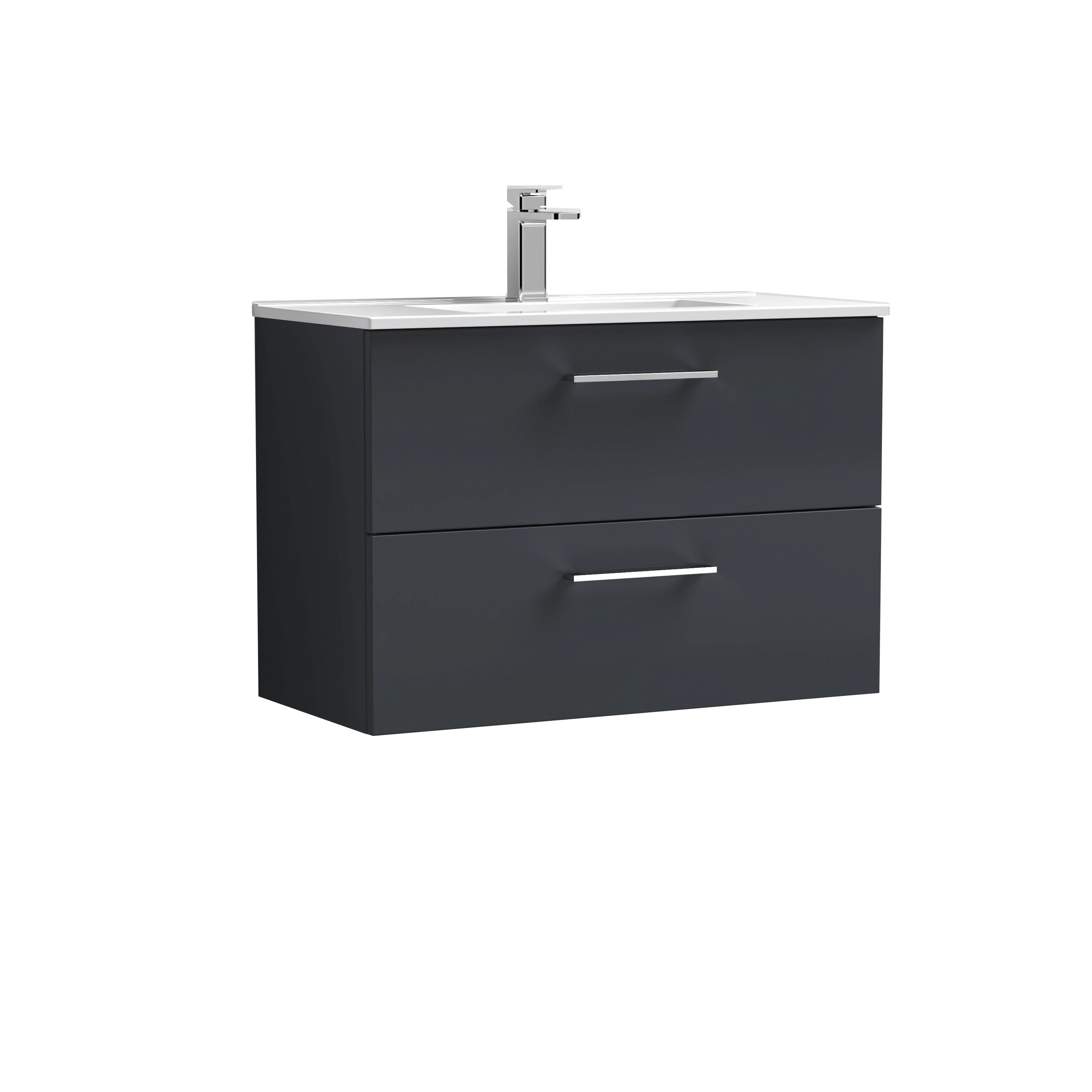 Nuie Arno Wall Hung 2 Drawer Vanity Unit & Minimalist Ceramic Basin, Sleek Wall Hung Vanity Unit and Basin, Soft Black, 800mm