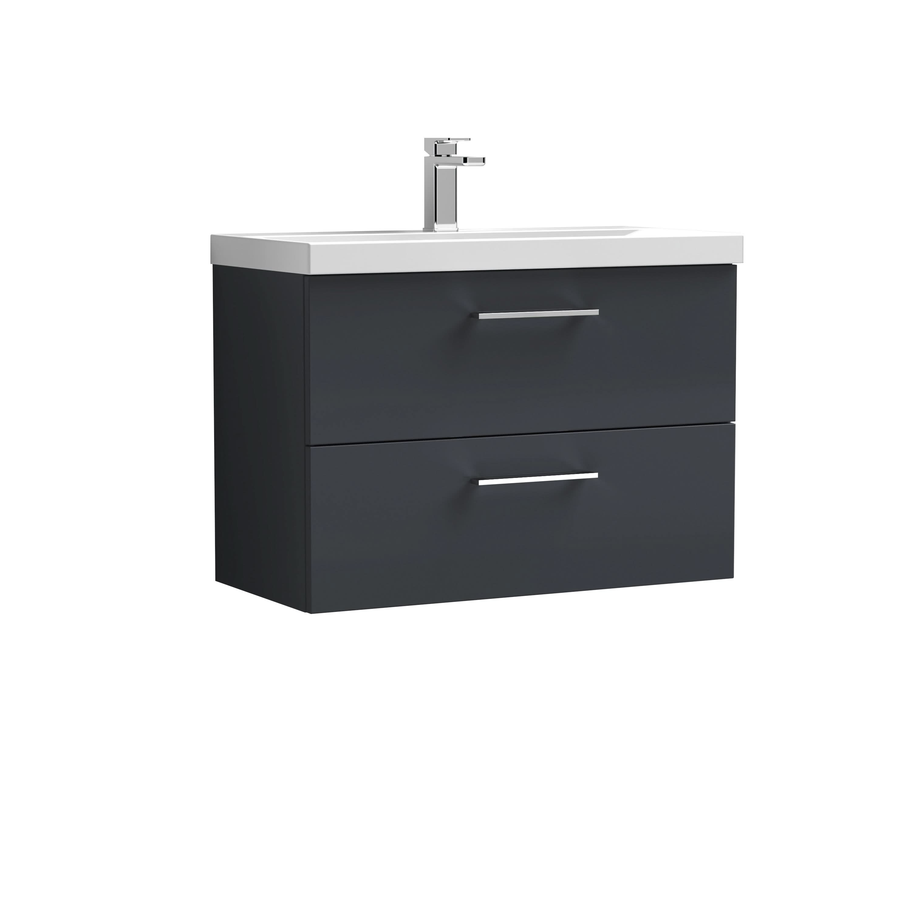 Nuie Arno Wall Hung 2 Drawer Vanity & Thin-Edge Ceramic Basin, Elegant Wall Hung Vanity Unit and Basin, Soft Black, 800mm