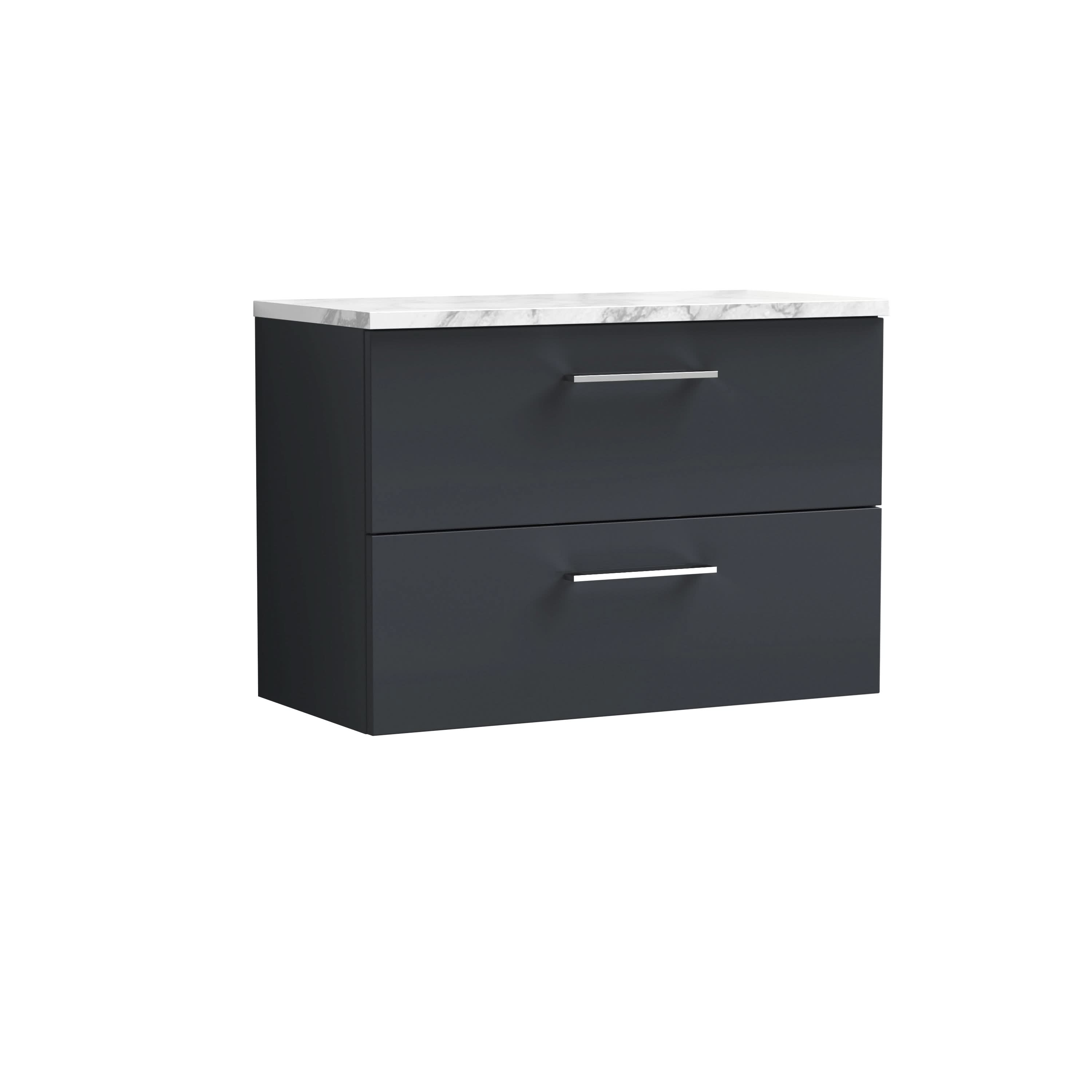 Nuie Arno Wall Hung 2-Drawer Modern Vanity Unit with Satin Soft Black Laminate Worktop, Stylish Counter Top Vanity Unit in Soft Black, 800mm