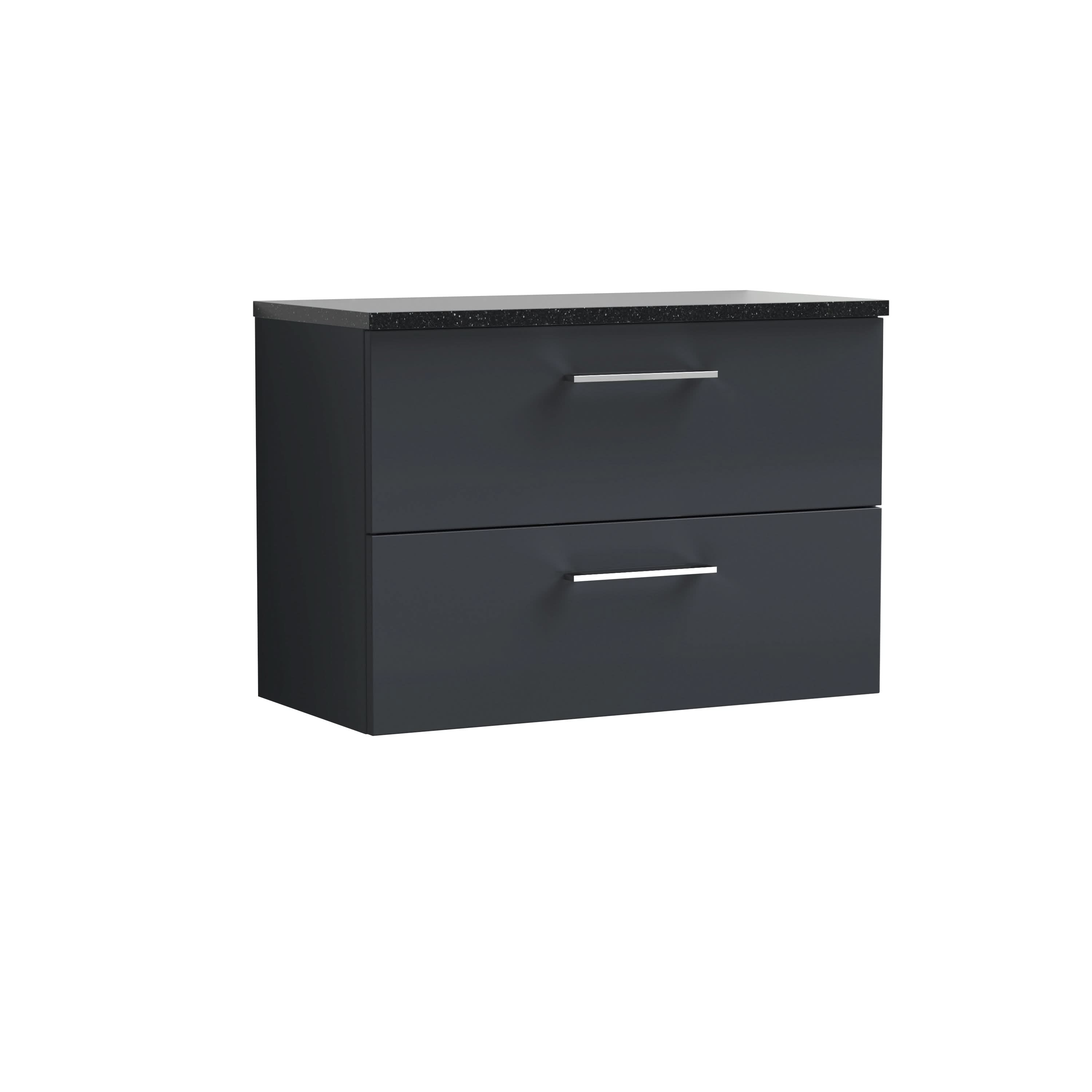 Nuie Arno Wall Hung 2-Drawer Modern Vanity Unit with Sparkling Black Laminate Worktop, Stylish Counter Top Vanity Unit in Soft Black, 800mm