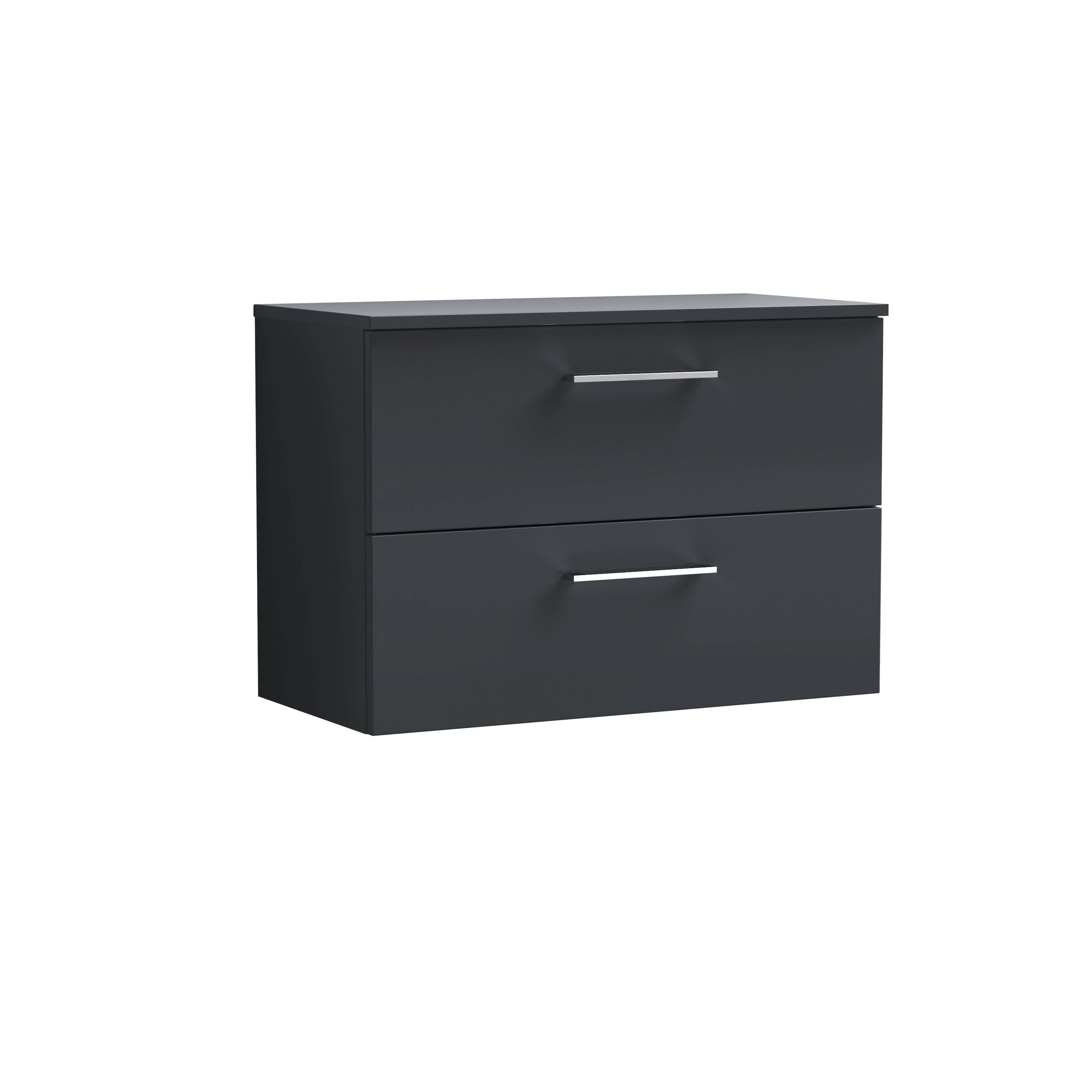 Nuie Arno Wall Hung 2-Drawer Modern Vanity Unit with Satin Soft Black Laminate Worktop, Stylish Counter Top Vanity Unit in Soft Black, 800mm