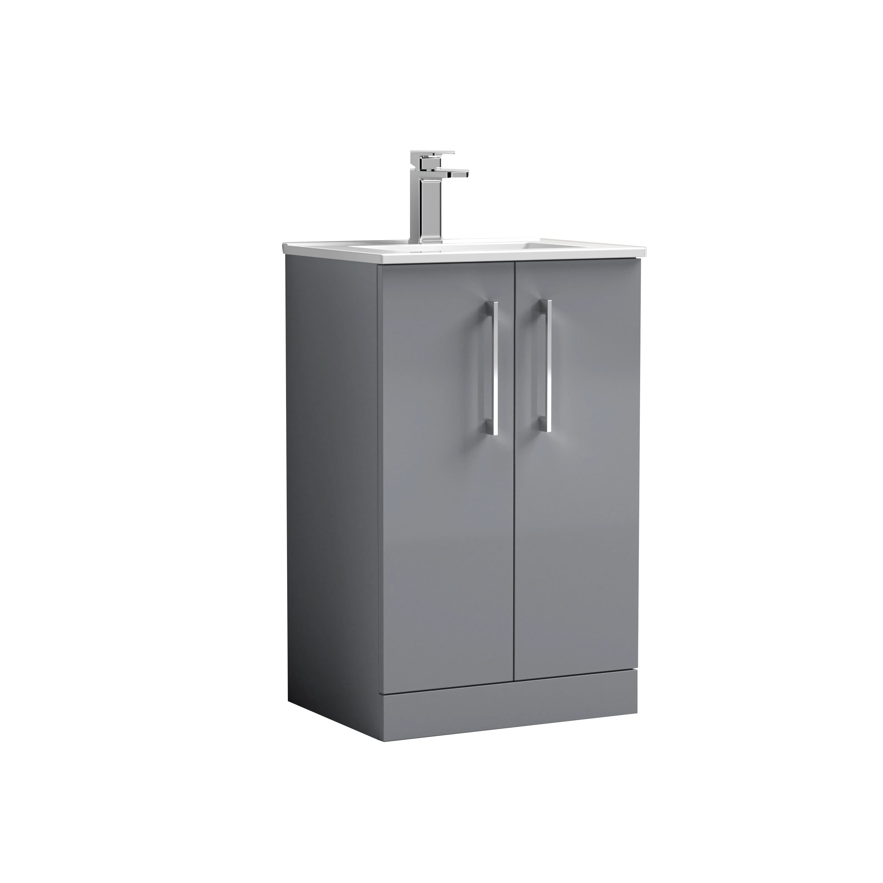 Nuie Arno Floor Standing 2 Door Vanity Unit & Minimalist Ceramic Basin, Compact Sink Vanity Unit in Satin Grey, 500mm
