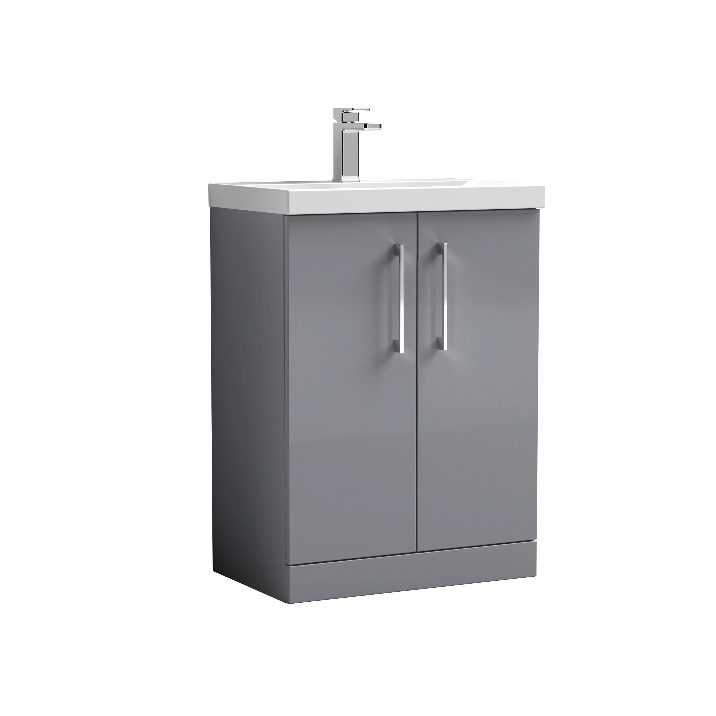 Nuie Arno Floor Standing 2 Door Vanity Unit & Mid-Edge Ceramic Basin, Spacious Sink Vanity Unit in Satin Grey, 600mm