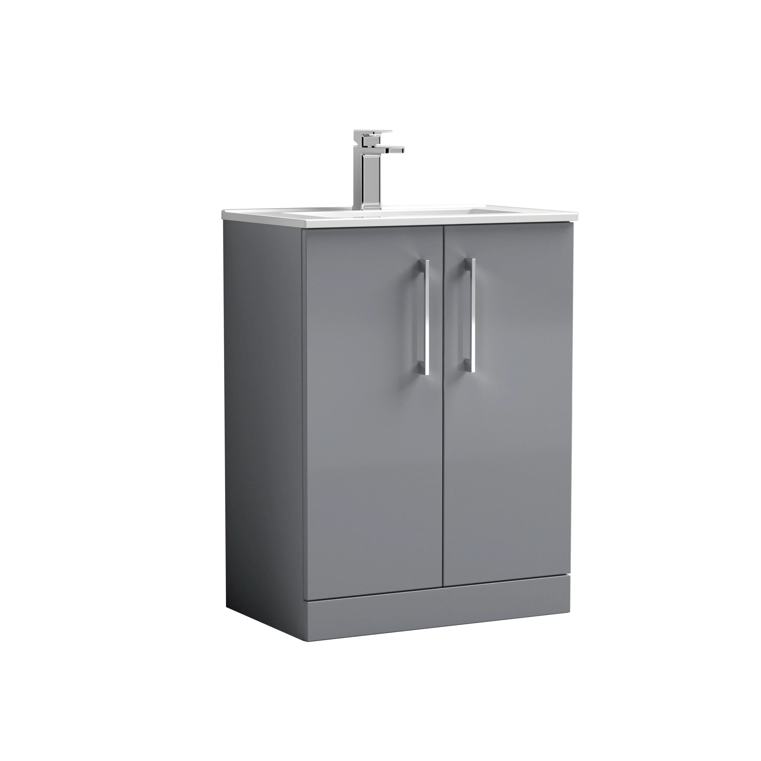Nuie Arno Floor Standing 2 Door Vanity Unit & Minimalist Ceramic Basin, Sleek Sink Vanity Unit in Satin Grey, 600mm
