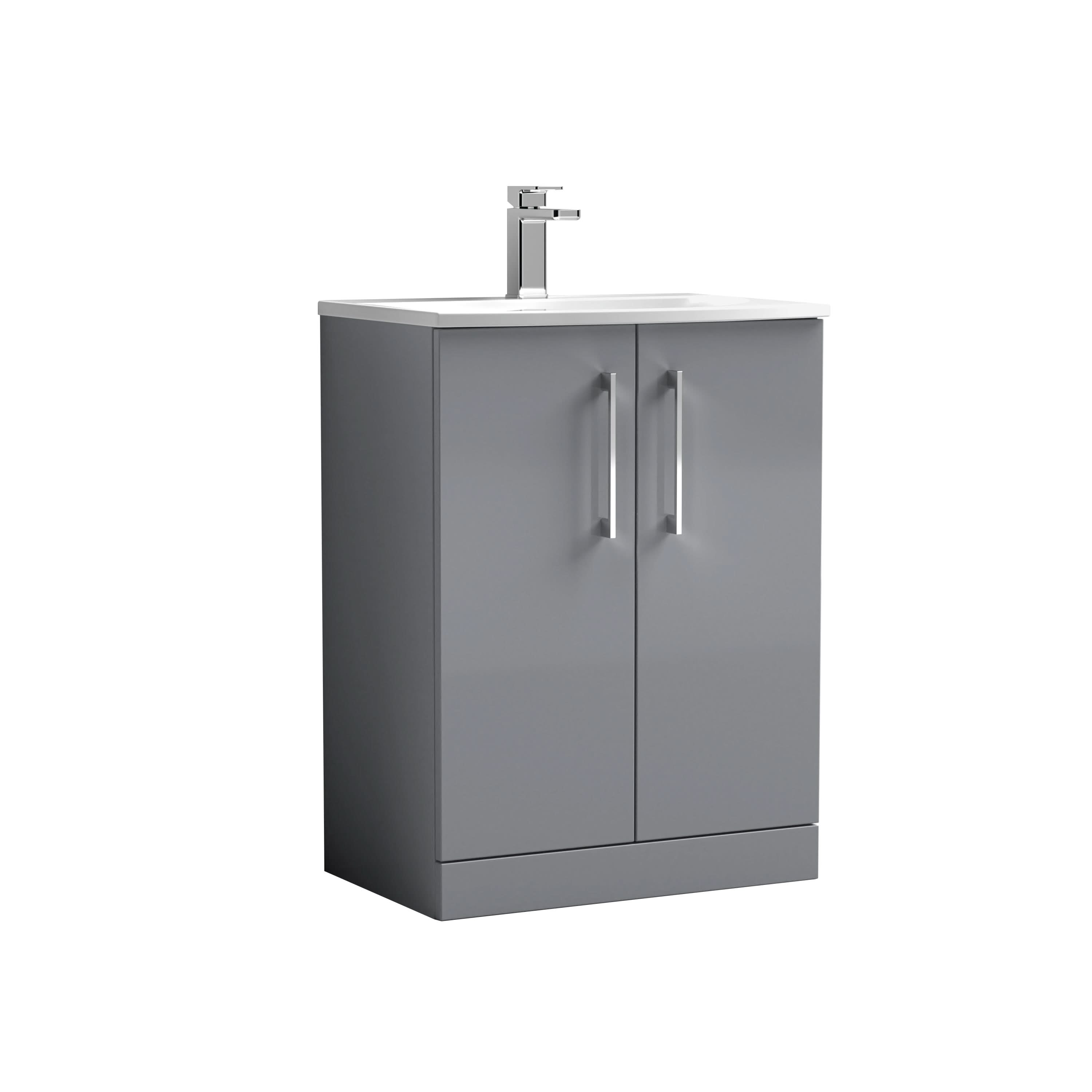 Nuie Arno Floor Standing 2 Door Vanity Unit & Curved Ceramic Basin, Elegant Sink Vanity Unit in Satin Grey, 600mm