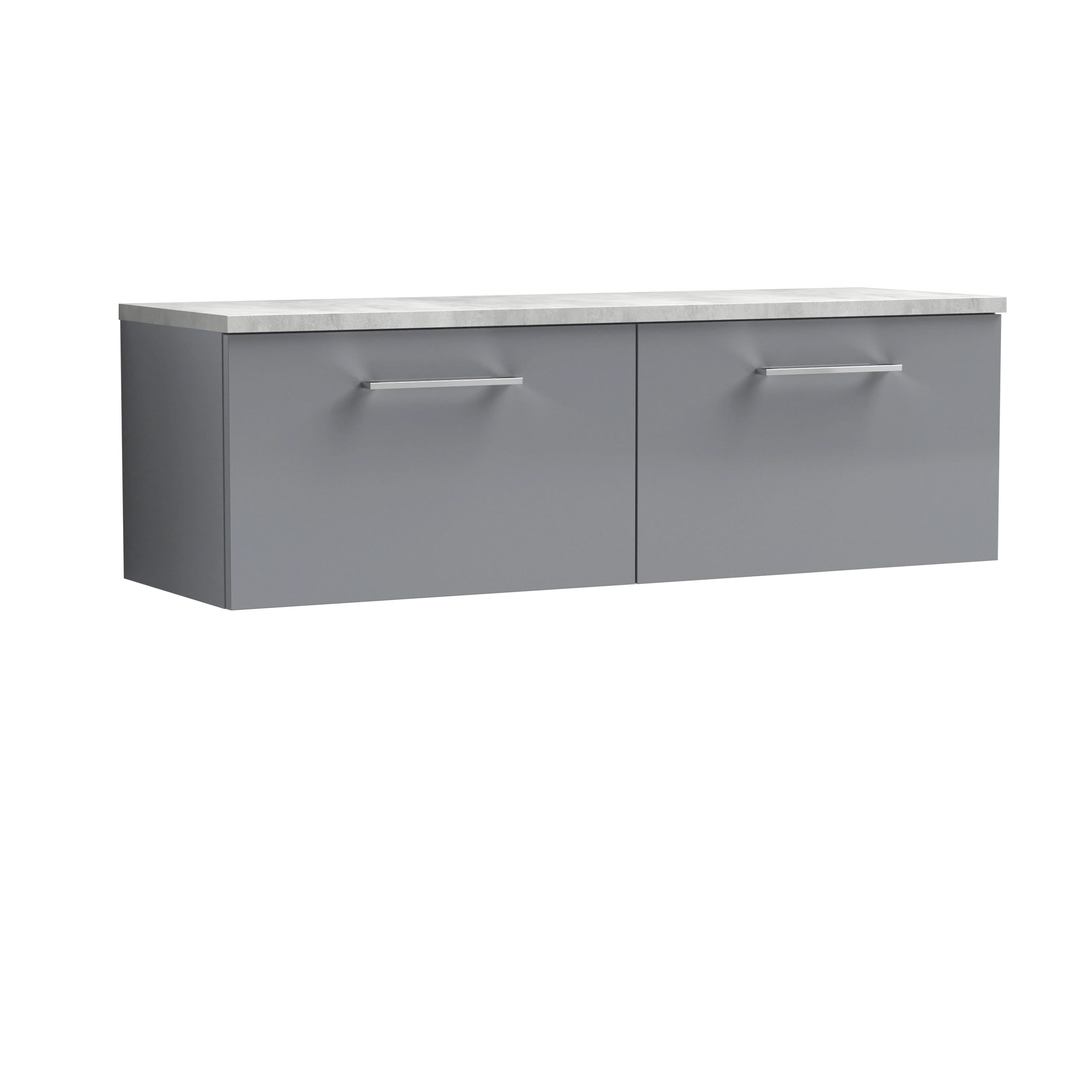 Nuie Arno Wall Hung 2-Drawer Modern Vanity Unit with Bellato Grey Laminate Worktop, Stylish Counter Top Vanity Unit in Satin Grey, 1200mm