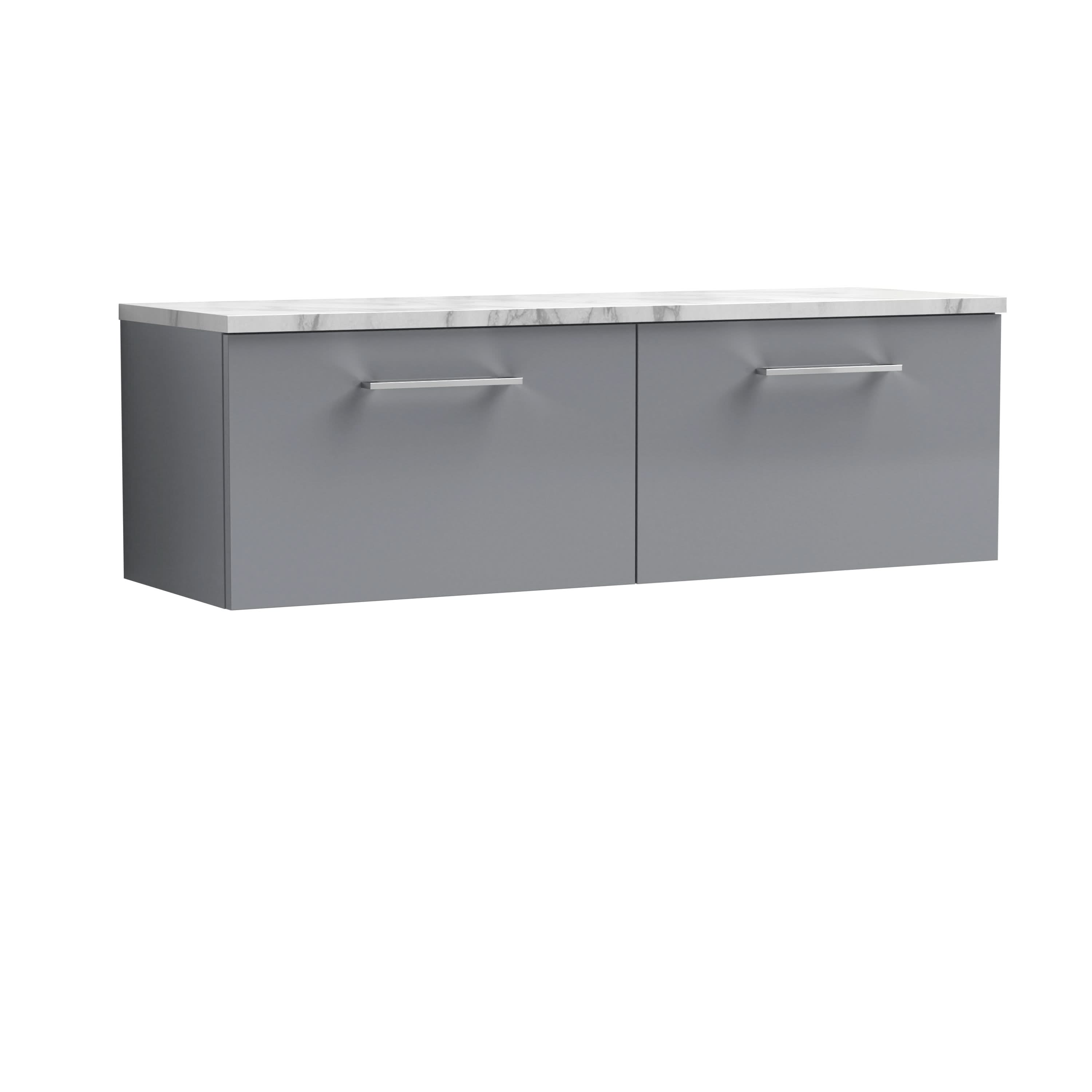 Nuie Arno Wall Hung 2-Drawer Modern Vanity Unit with Carrera Marble Laminate Worktop, Stylish Counter Top Vanity Unit in Satin Grey, 1200mm