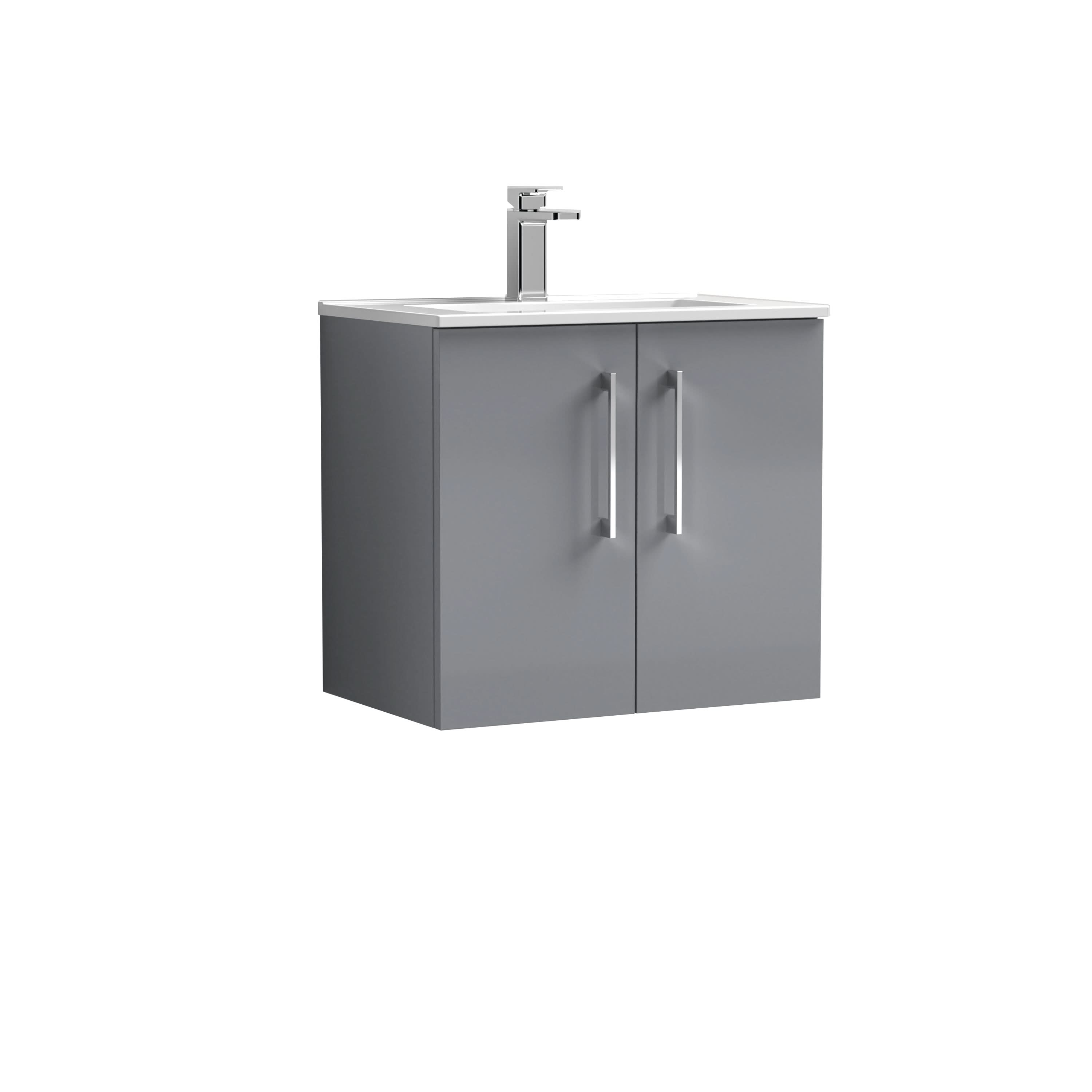 Nuie Arno Wall Hung 2 Door Vanity Unit & Minimalist Ceramic Basin, Compact Sink Vanity Unit in Satin Grey, 600mm