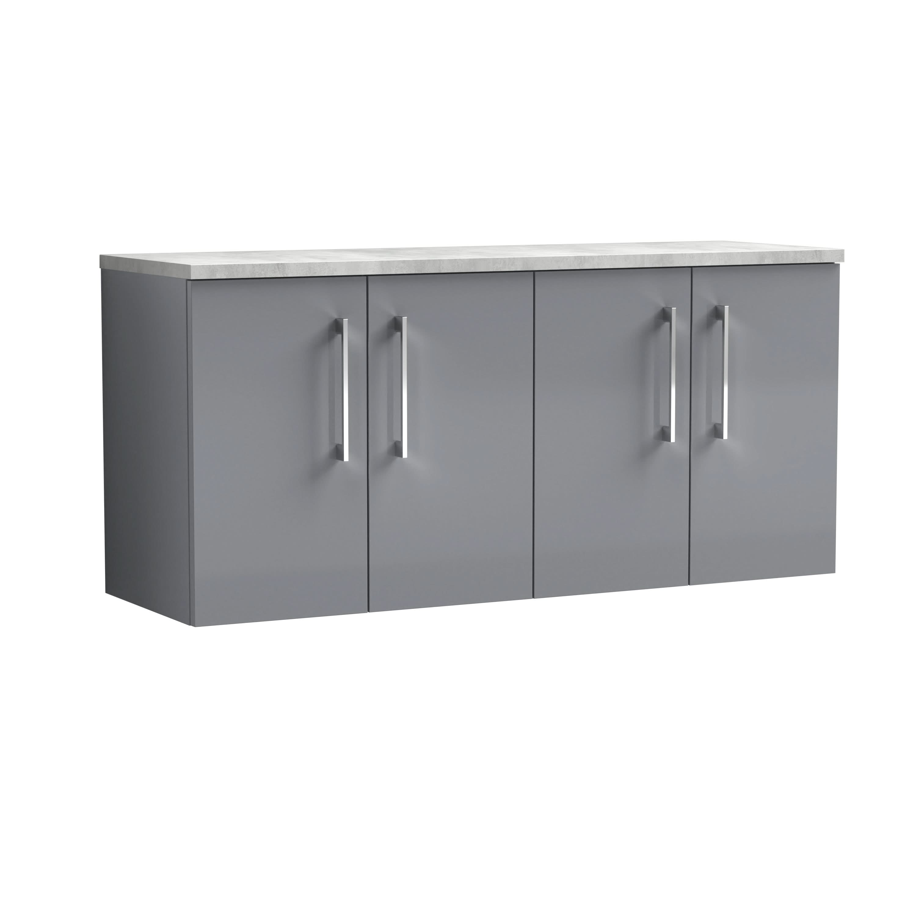 Nuie Arno Wall Hung 4-Door Vanity Unit & Laminate Worktop in Bellato Grey, Modern Counter Top Vanity Unit in Satin Grey, 1200mm