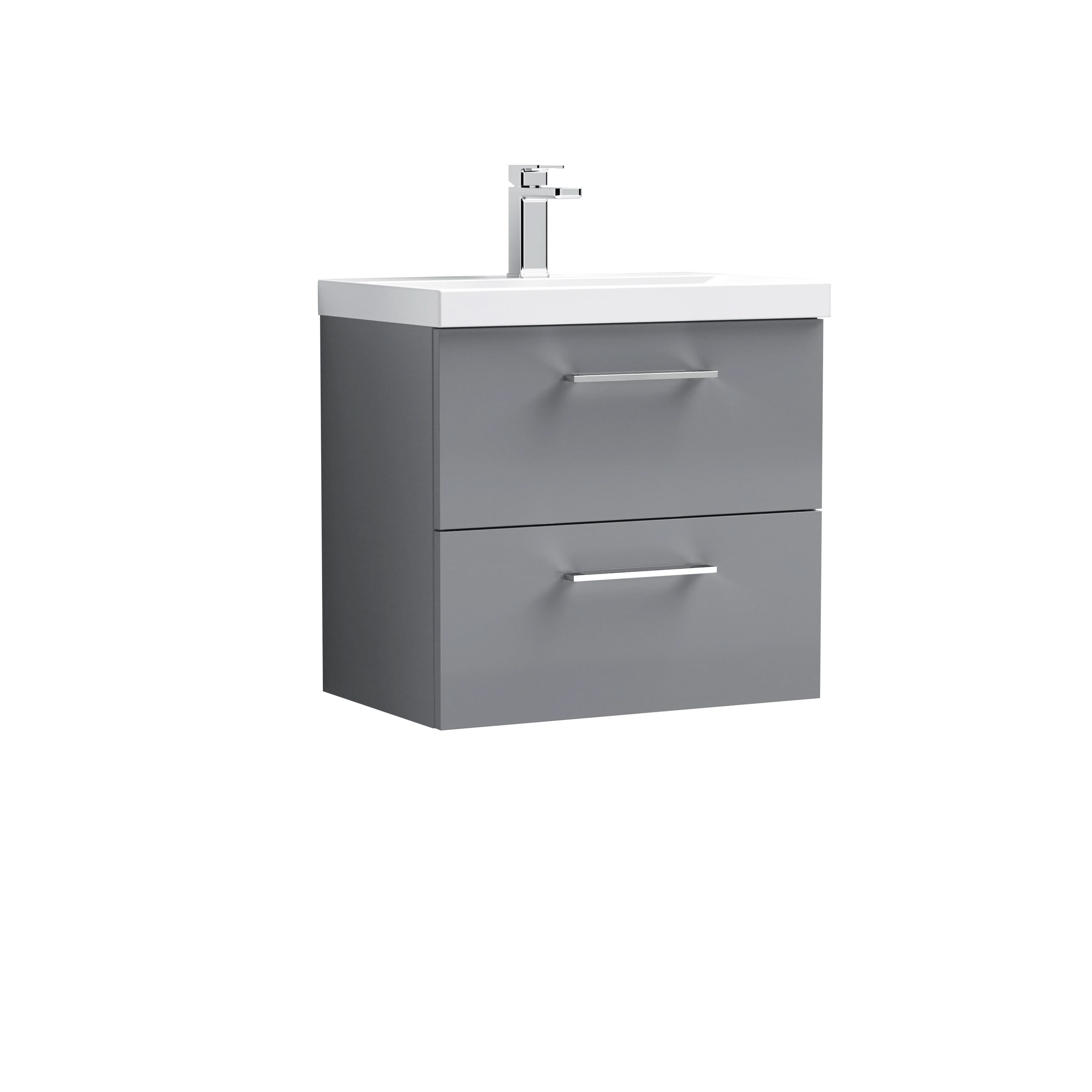 Nuie Arno Wall Hung 2 Drawer Vanity Unit & Mid-Edge Ceramic Basin, Contemporary Sink Vanity Unit in Satin Grey, 600mm