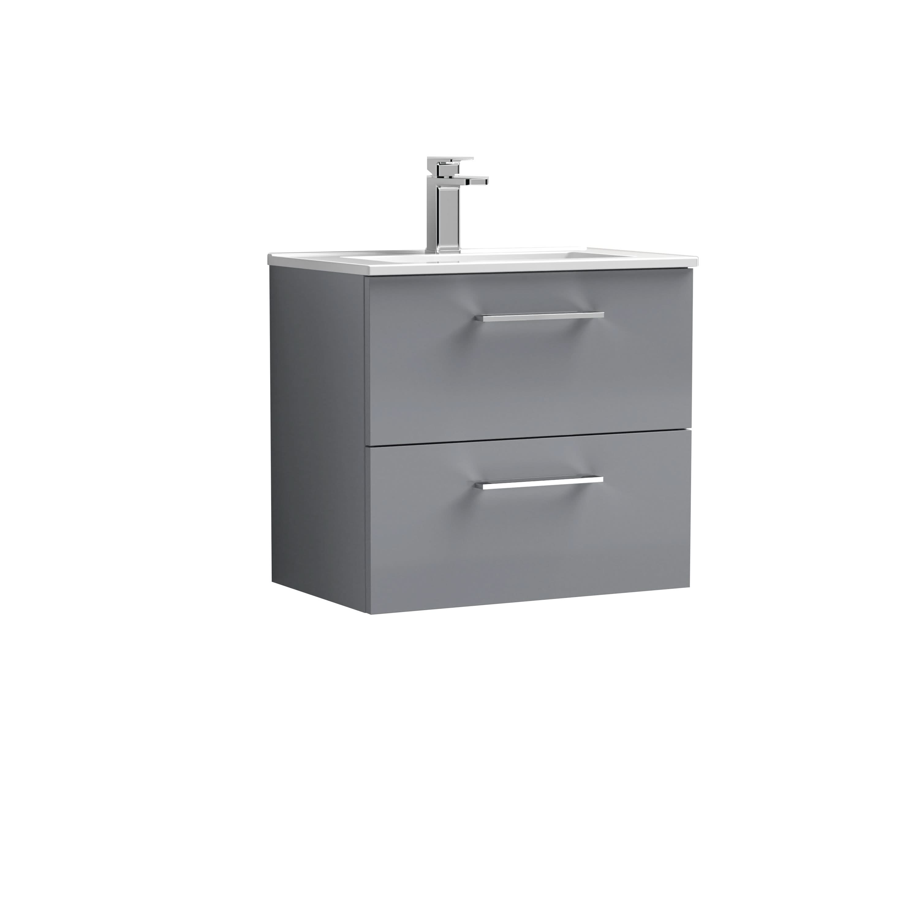 Nuie Arno Wall Hung 2 Drawer Vanity Unit & Minimalist Ceramic Basin, Sleek Sink Vanity Unit in Satin Grey, 600mm