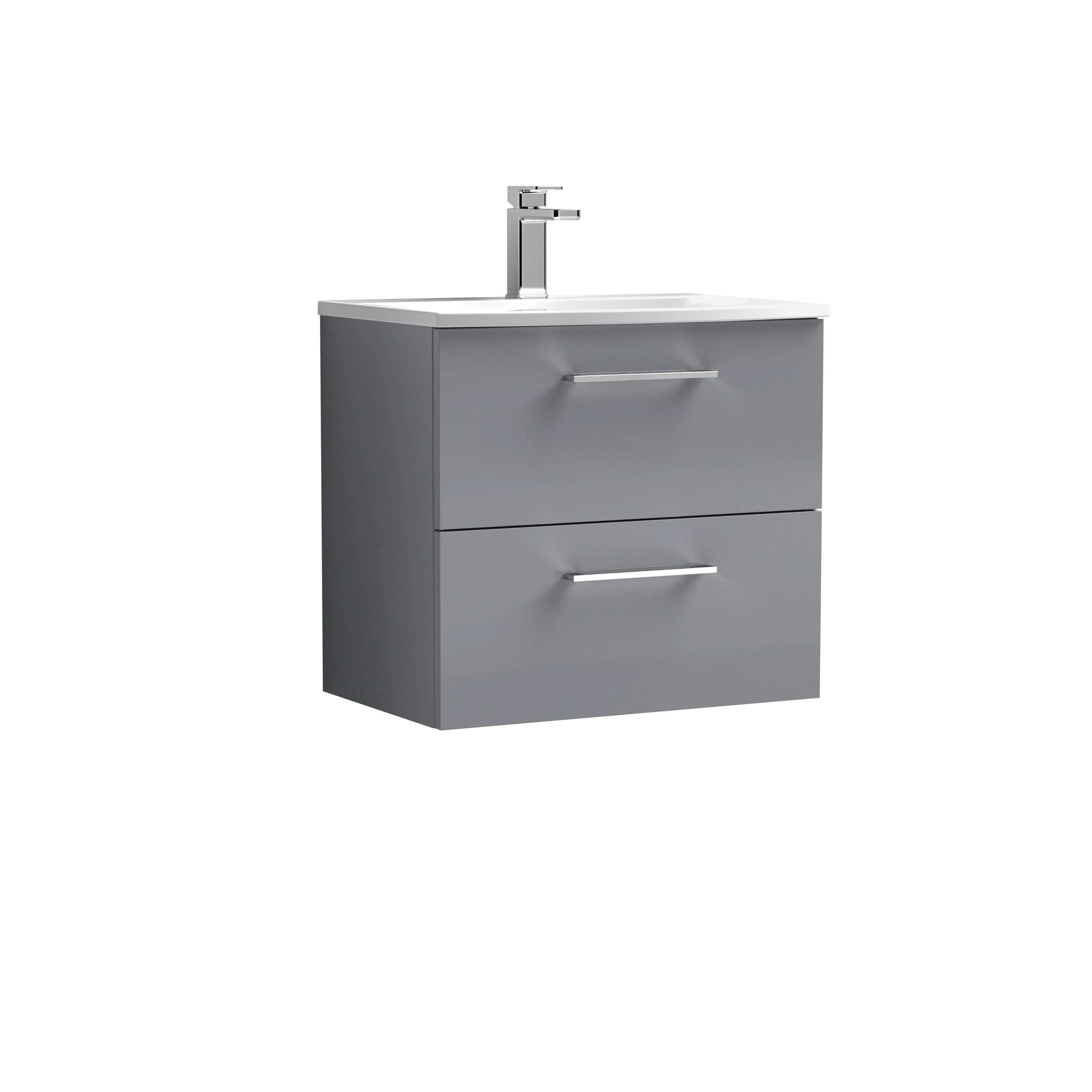 Nuie Arno Wall Hung 2 Drawer Vanity Unit & Curved Ceramic Basin, Compact Sink Vanity Unit in Satin Grey, 600mm