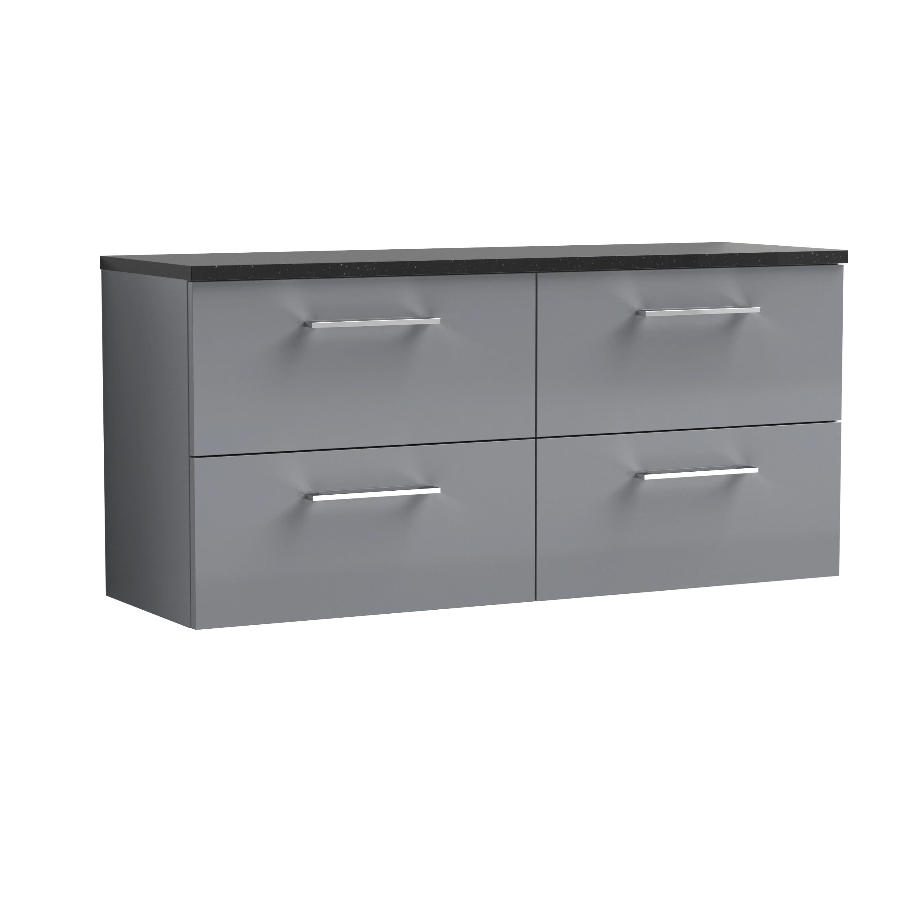 Nuie Arno Wall Hung 4-Drawer Vanity Unit & Laminate Worktop in Black Sparkle, Modern Counter Top Vanity Unit in Satin Grey, 1200mm