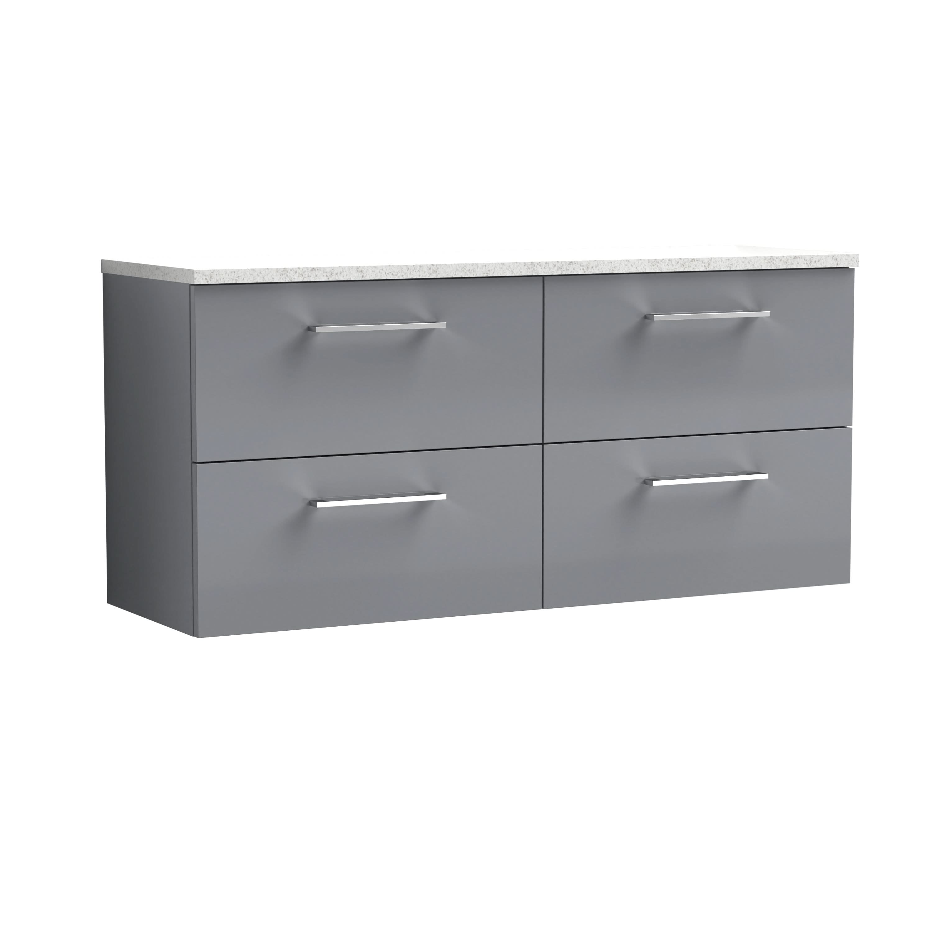 Nuie Arno Wall Hung 4-Drawer Vanity Unit & Laminate Worktop in Sparkling White, Modern Counter Top Vanity Unit in Satin Grey, 1200mm