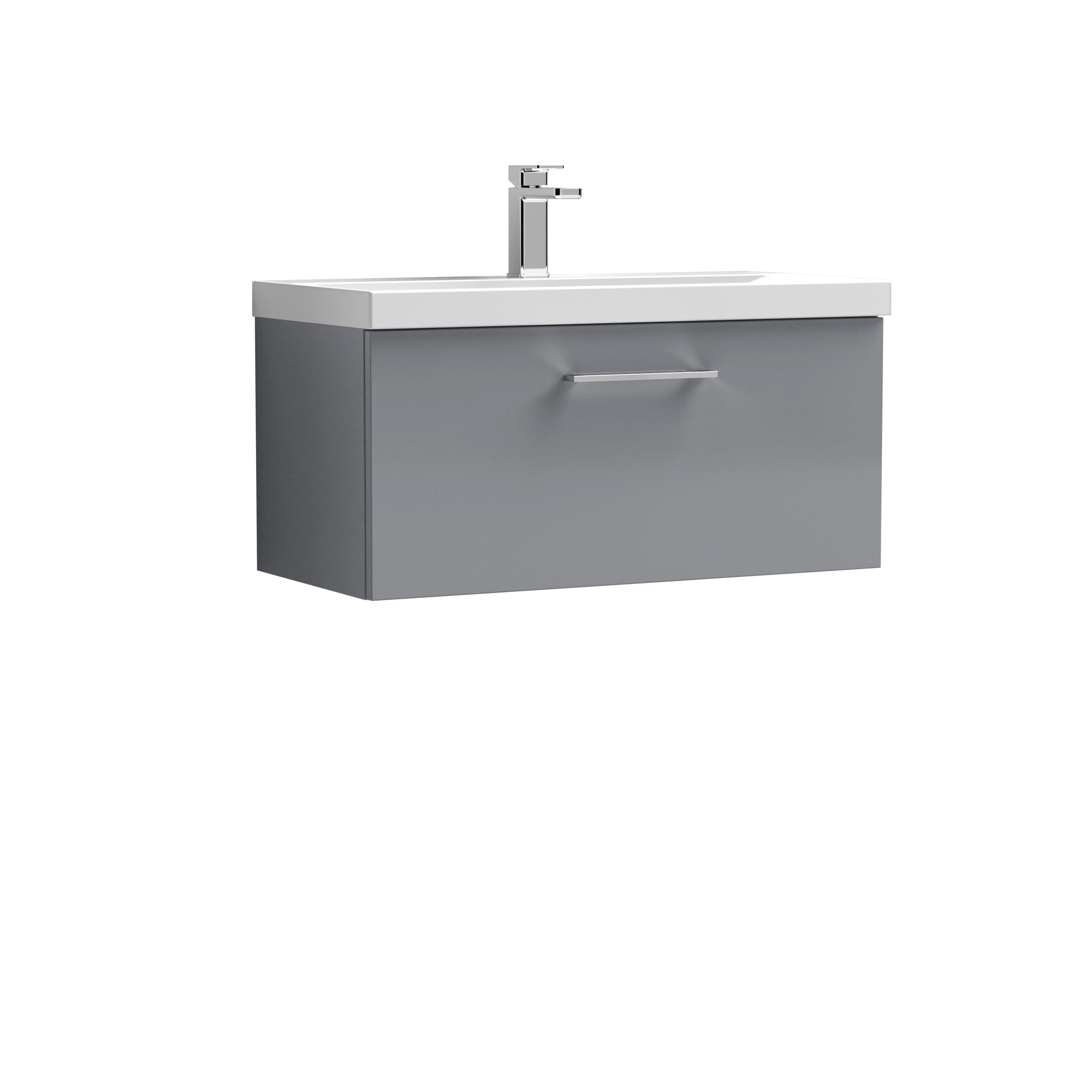 Nuie Arno Wall Hung 1 Drawer Vanity Unit & Thin-Edge Ceramic Basin, Elegant Sink Vanity Unit in Satin Grey, 800mm