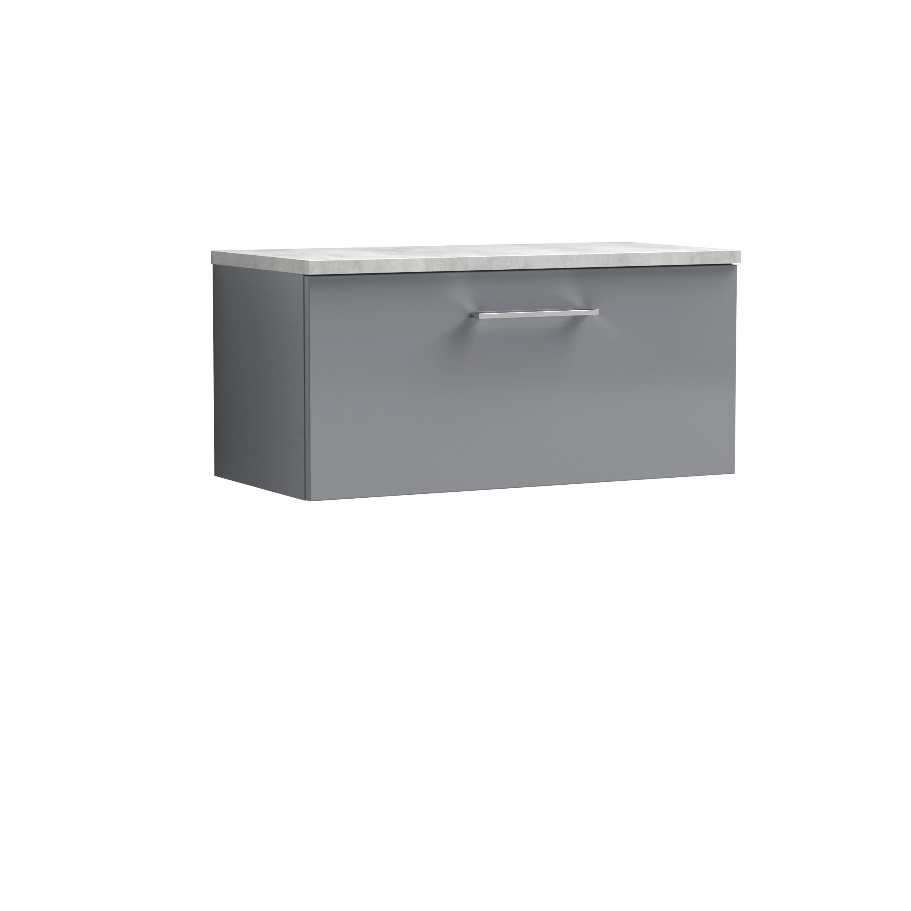 Nuie Arno Wall Hung 1-Drawer Modern Vanity Unit with Bellato Grey Laminate Worktop, Stylish Counter Top Vanity Unit in Satin Grey, 800mm
