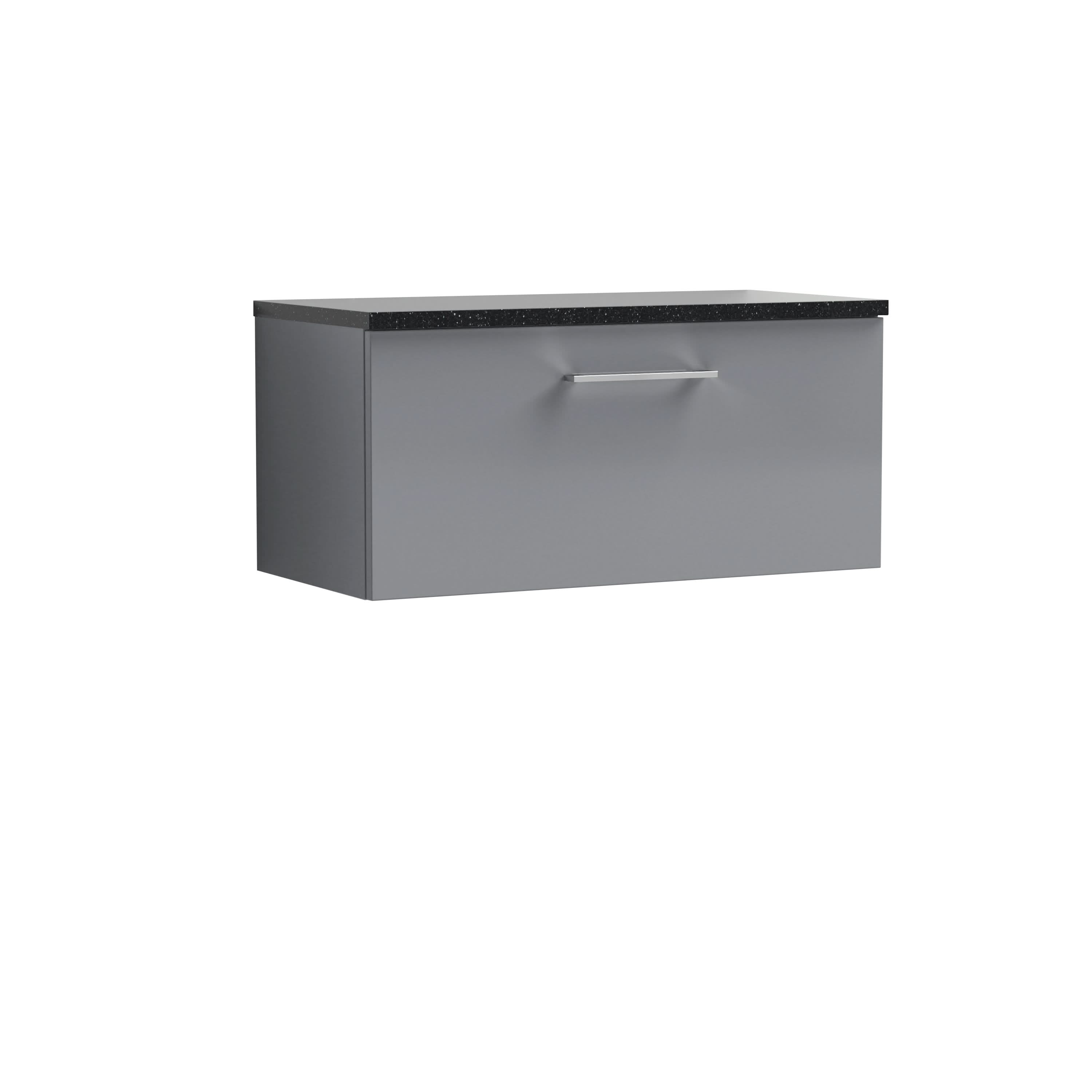 Nuie Arno Wall Hung 1-Drawer Modern Vanity Unit with Sparkling Black Laminate Worktop, Stylish Counter Top Vanity Unit in Satin Grey, 800mm