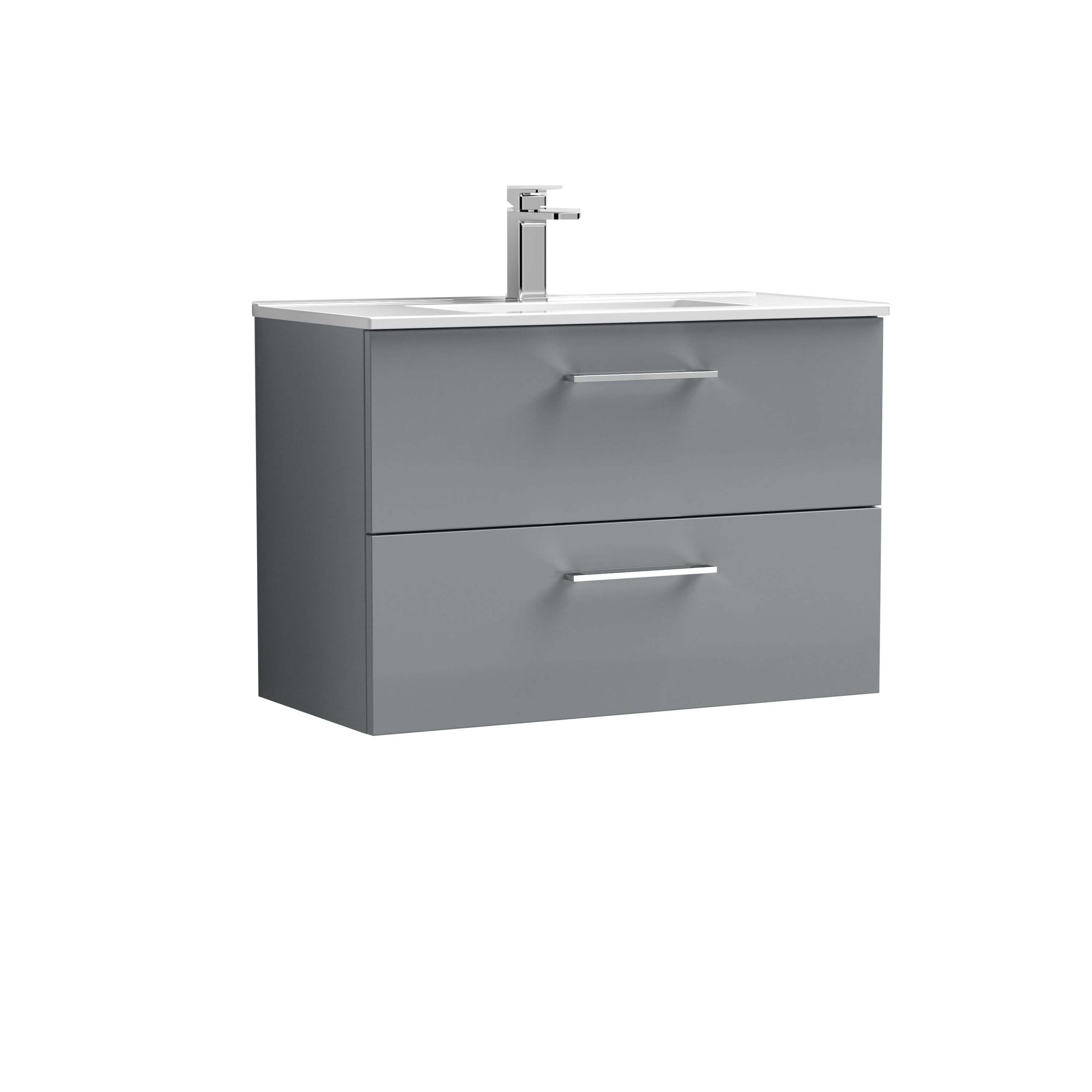 Nuie Arno Wall Hung 2 Drawer Vanity Unit & Minimalist Ceramic Basin, Stylish Sink Vanity Unit in Satin Grey, 800mm