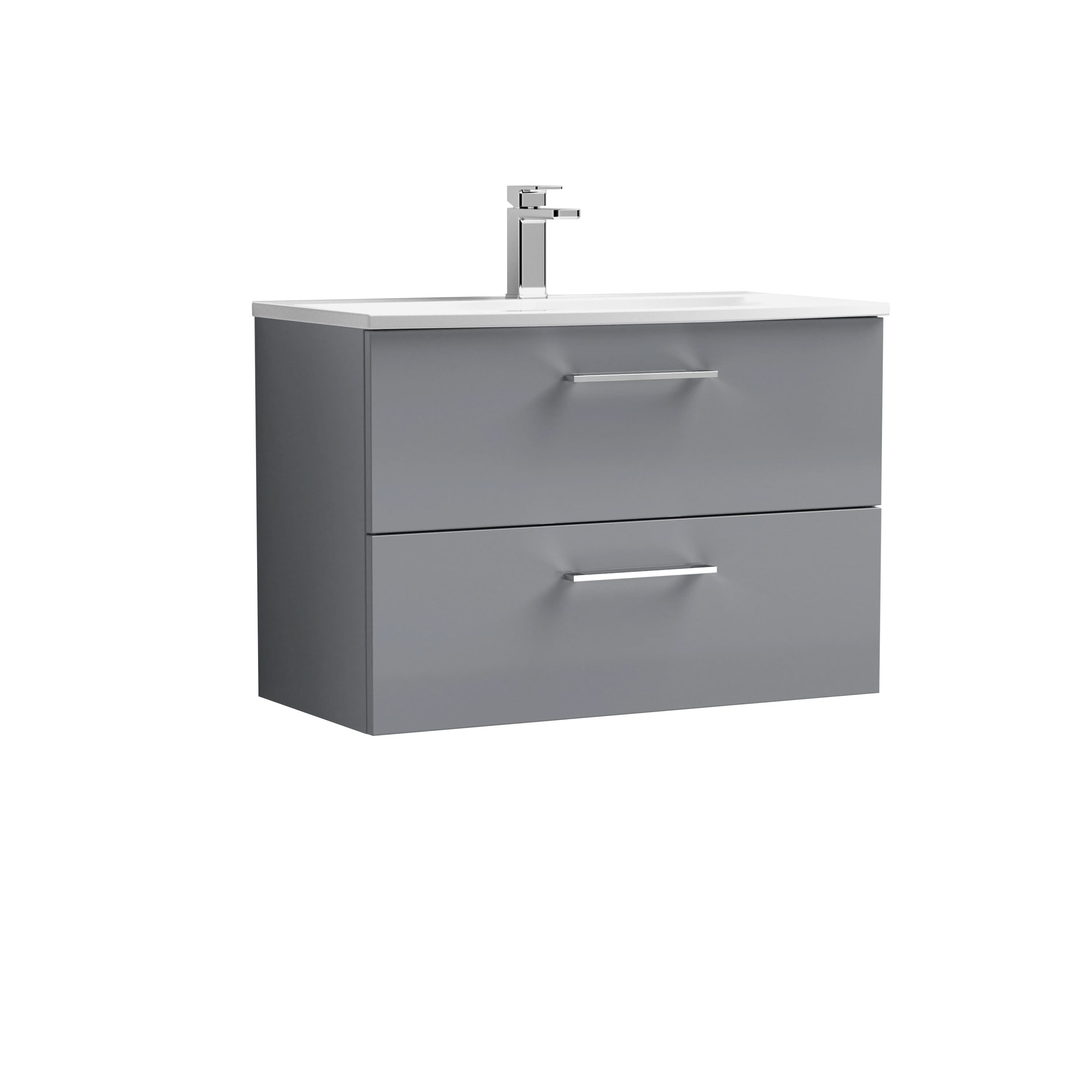 Nuie Arno Wall Hung 2 Drawer Vanity & Curved Ceramic Basin, Elegant Sink Vanity Unit in Satin Grey, 800mm