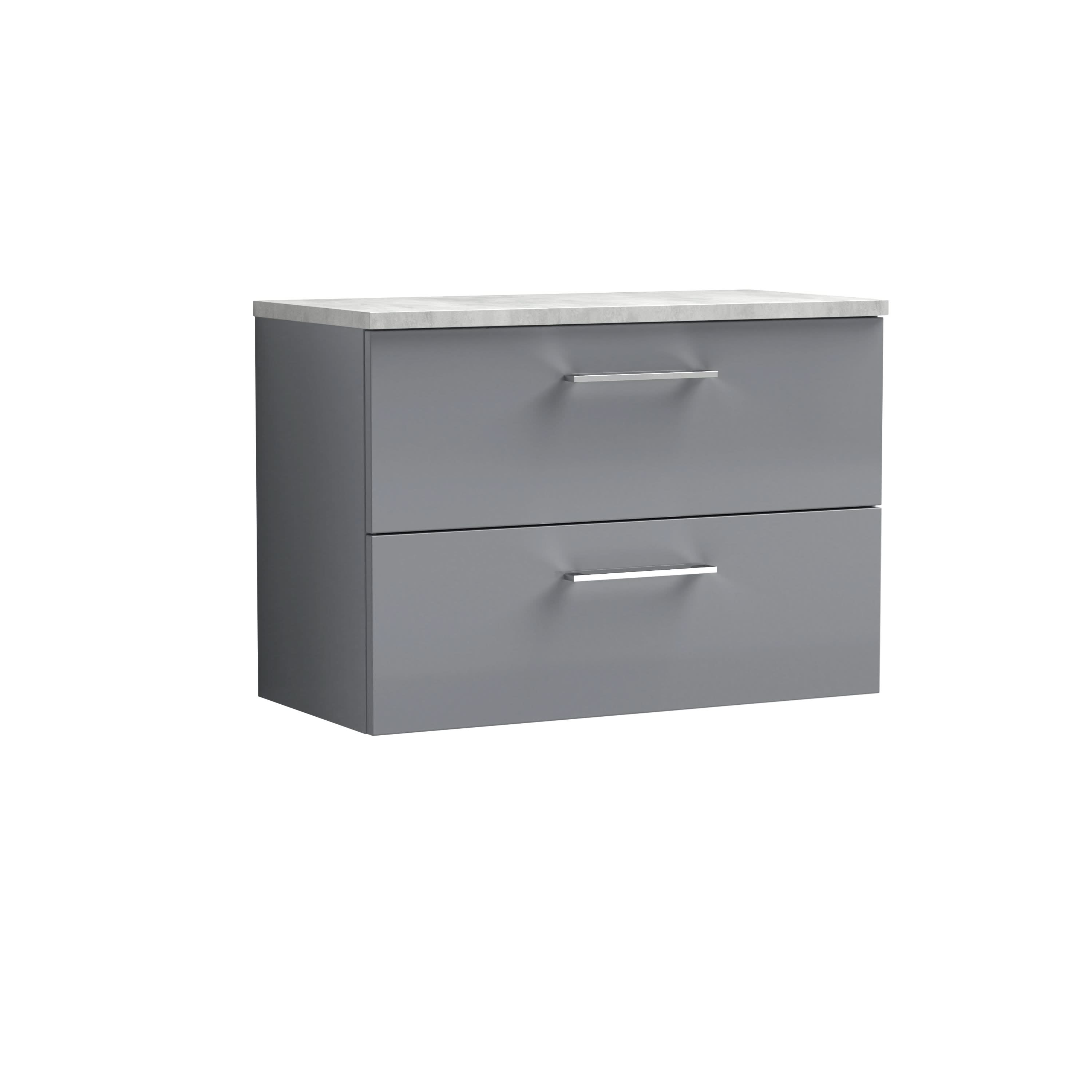 Nuie Arno Wall Hung 2-Drawer Modern Vanity Unit with Bellato Grey Laminate Worktop, Stylish Counter Top Vanity Unit in Satin Grey, 800mm