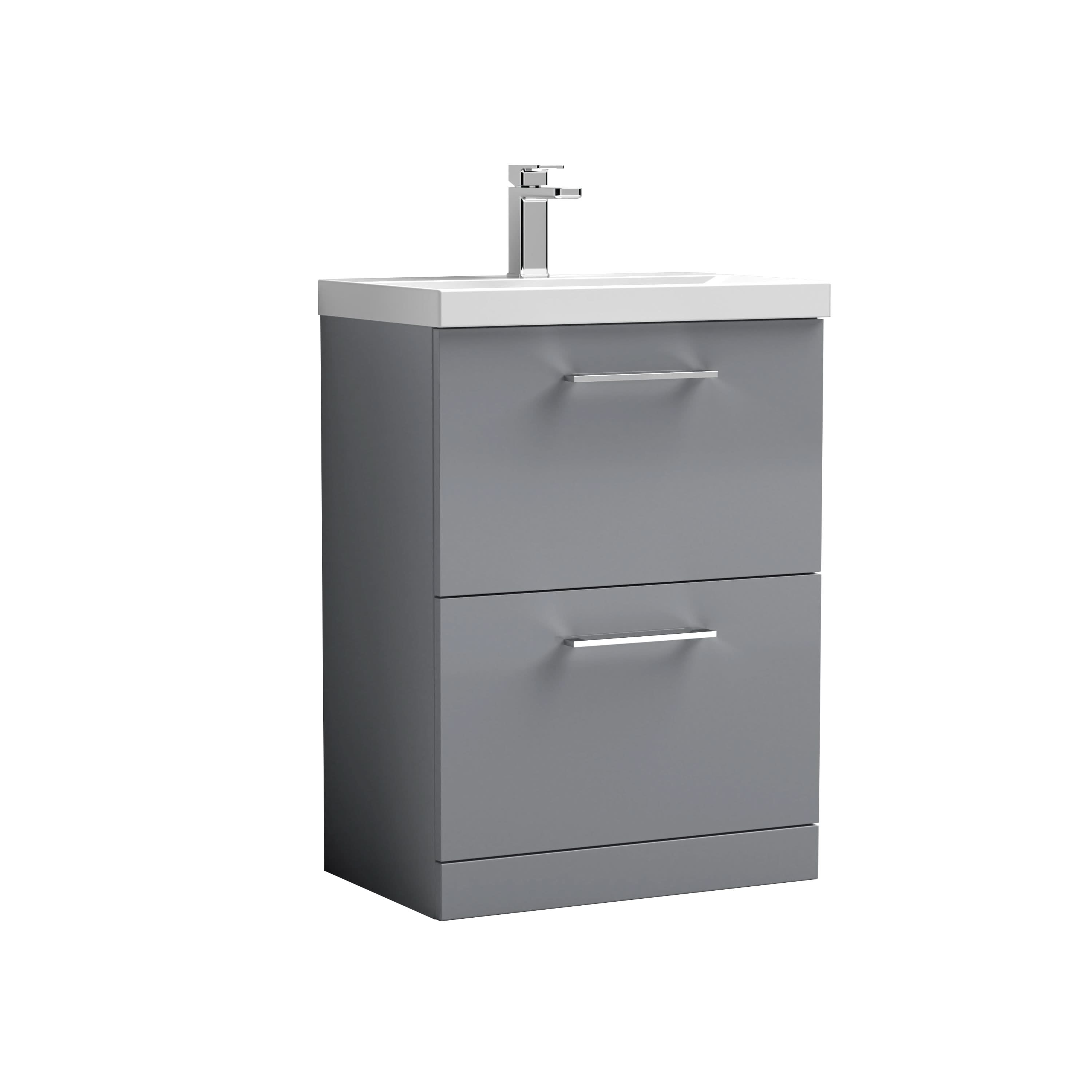 Nuie Arno Floor Standing 2 Drawer Vanity & Thin-Edge Ceramic Basin, Vanity Unit with Basin, Satin Grey, 600mm