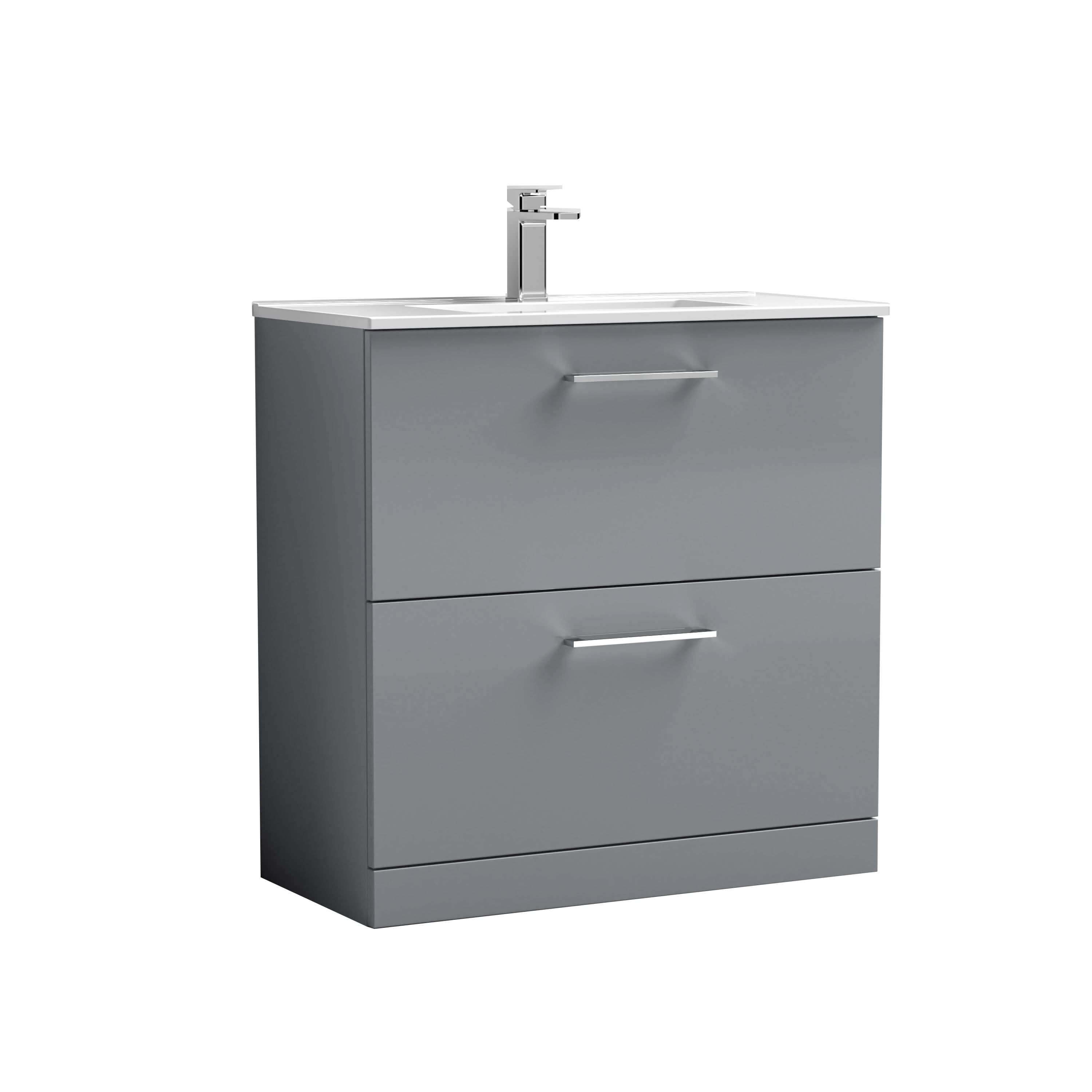 Nuie Arno Floor Standing 2 Drawer Vanity & Minimalist Ceramic Basin, Vanity Unit with Basin, Satin Grey, 800mm