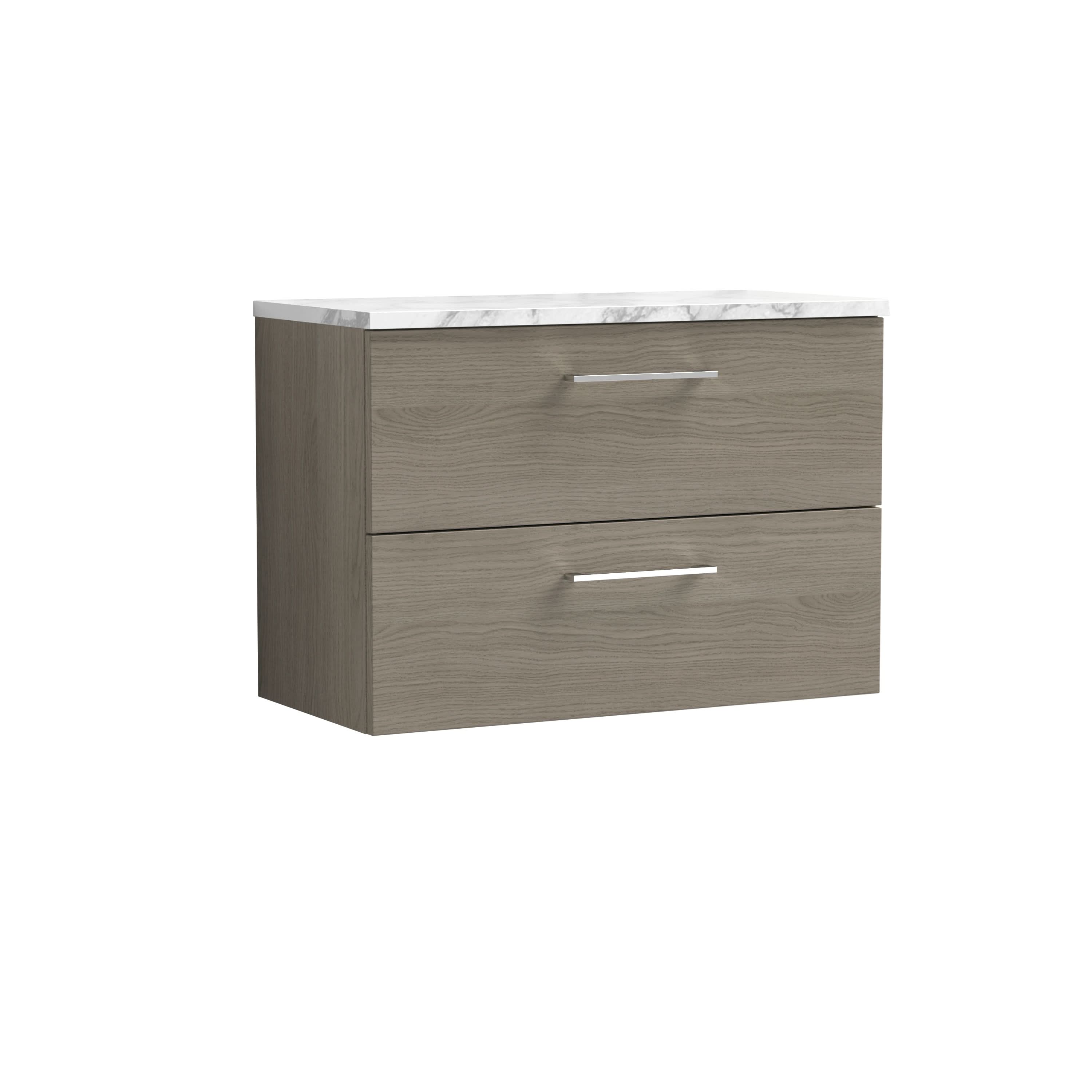 Nuie Arno Wall Hung 2-Drawer Modern Vanity Unit with Solace Oak Laminate Worktop, Stylish Counter Top Vanity Unit in Solace Oak, 800mm