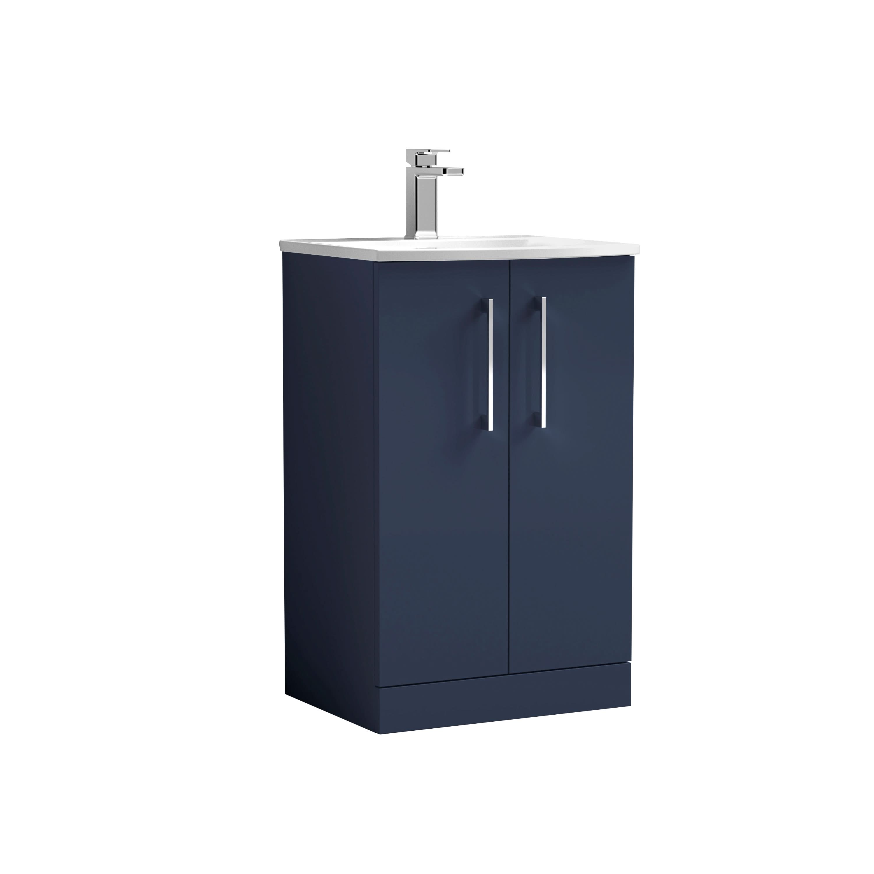 Nuie Arno Floor Standing 2 Door Vanity & Curved Ceramic Basin, Vanity Unit with Basin, Midnight Blue, 500mm