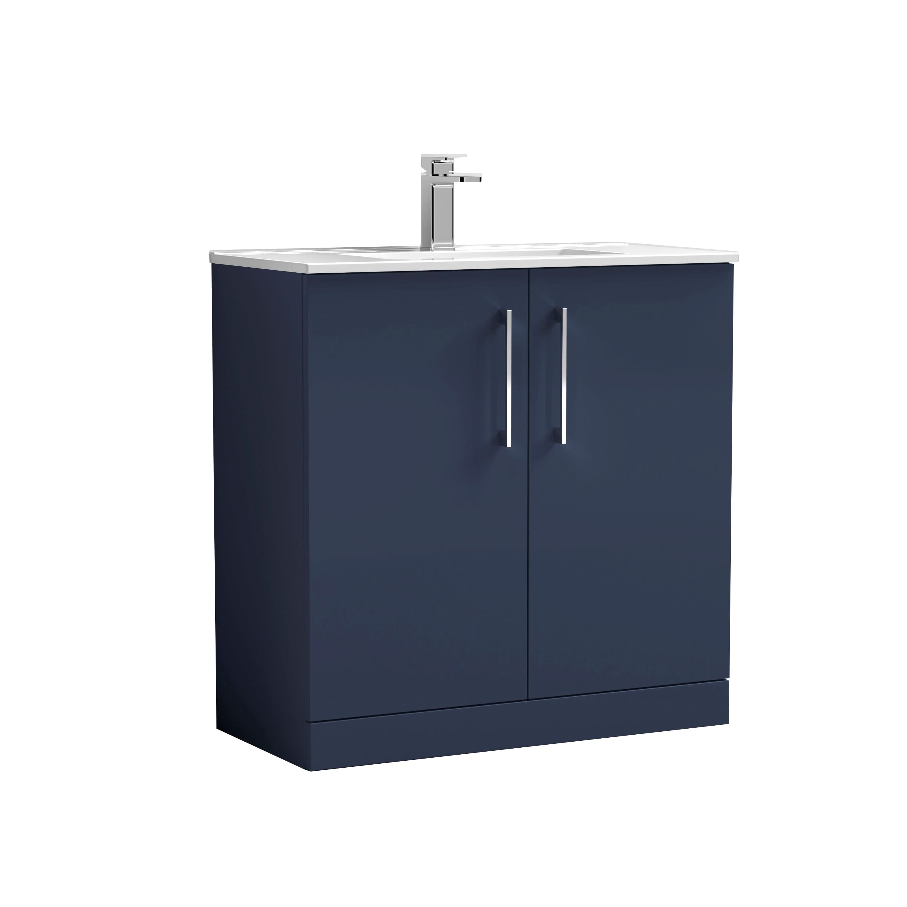 Nuie Arno Floor Standing 2-Door Vanity & Minimalist Ceramic Basin, Vanity Unit with Basin, Midnight Blue, 800mm