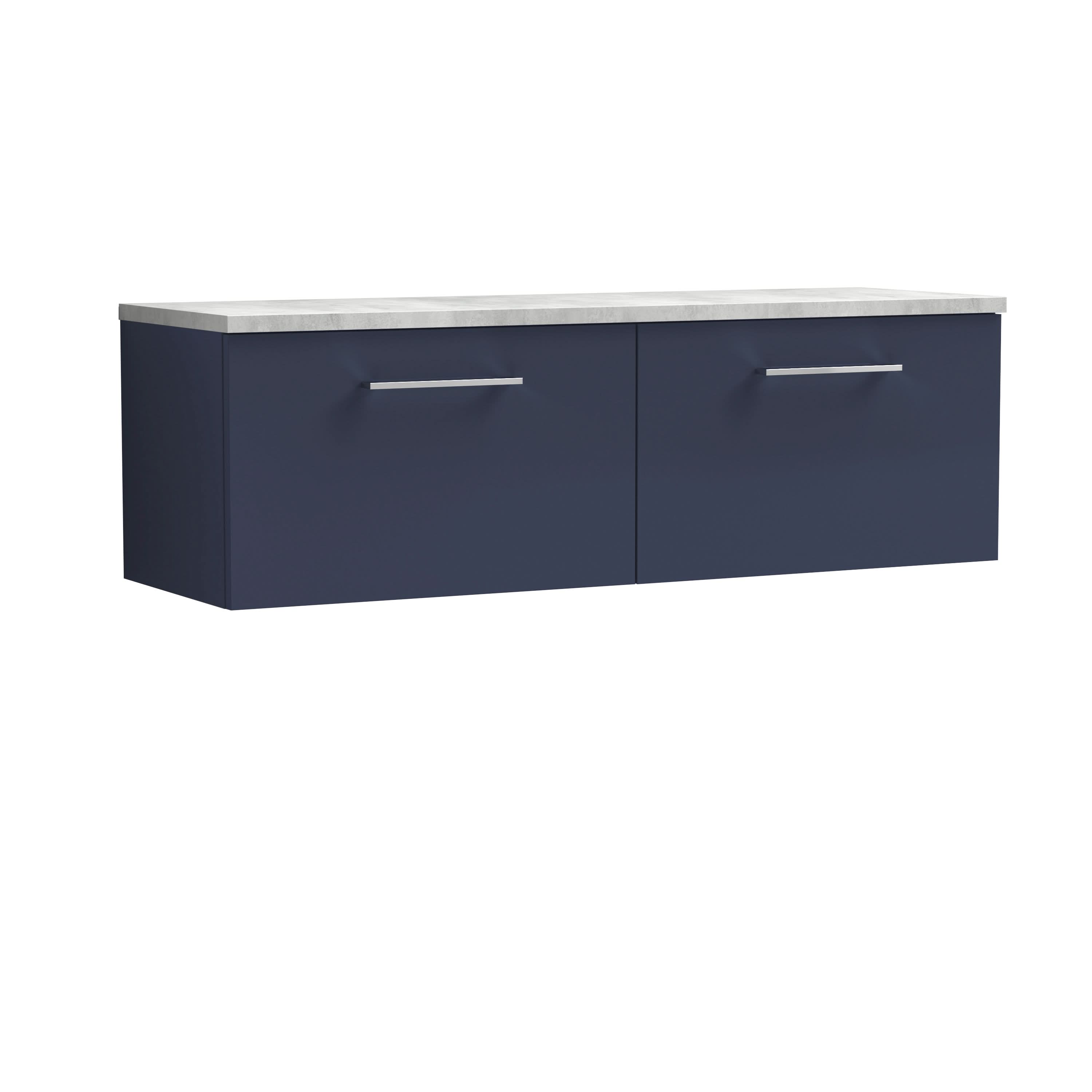 Nuie Arno Wall Hung 2-Drawer Vanity Unit with Laminate Worktop in Bellato Grey, Stylish Counter Top Vanity Unit in Midnight Blue, 1200mm