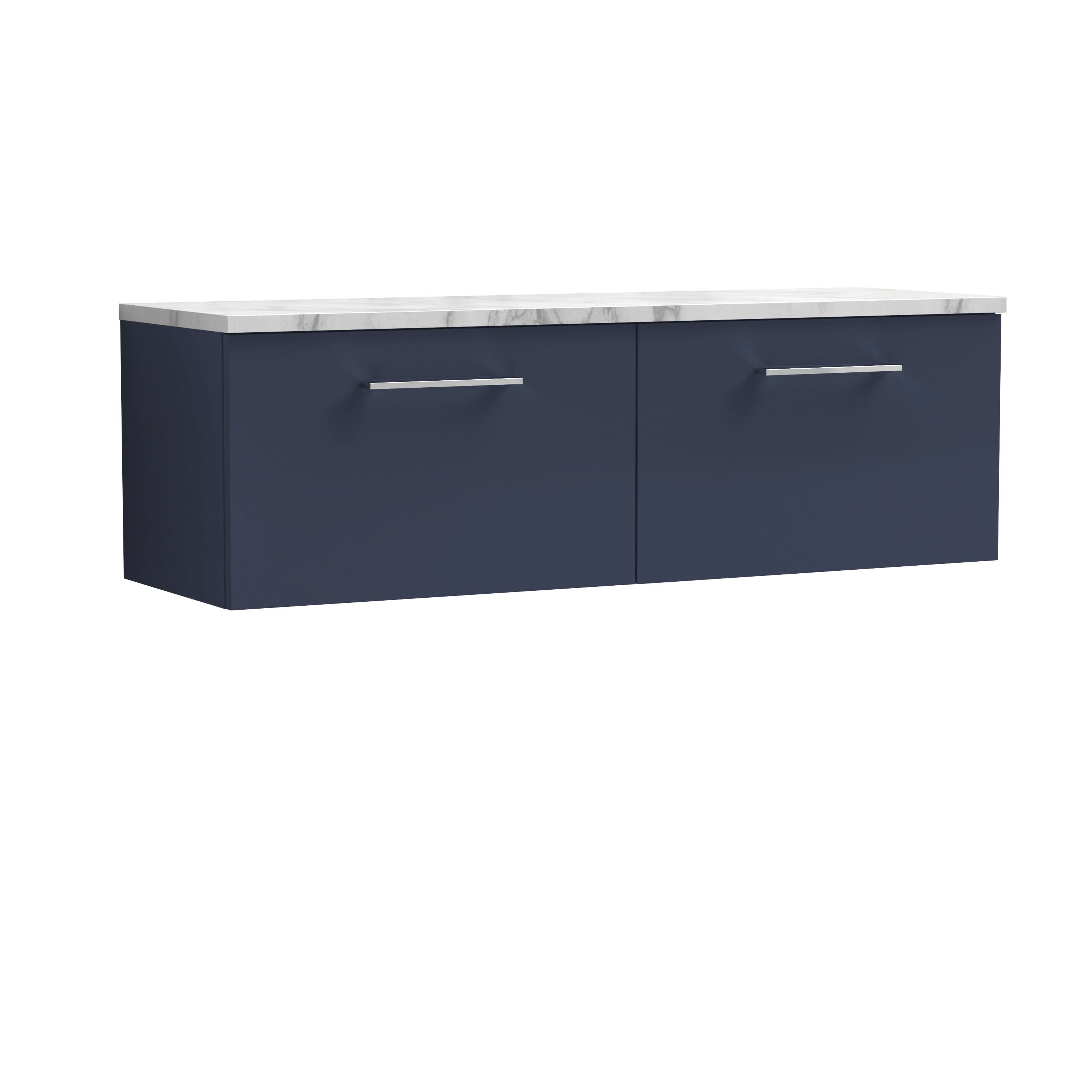Nuie Arno Wall Hung 2-Drawer Vanity Unit with Laminate Worktop in Carrera Marble, Stylish Counter Top Vanity Unit in Midnight Blue, 1200mm